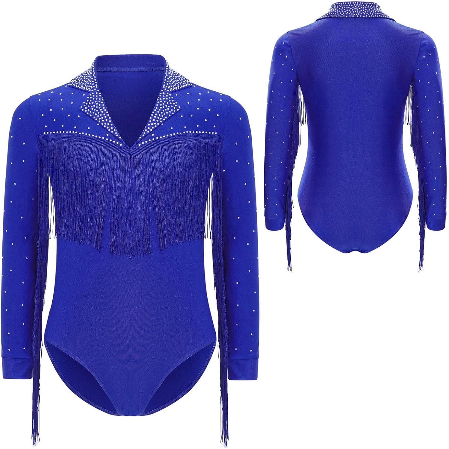 Boys Rhinestone Tassels Bodysuit Tops Fringed Latin Dance Costume Long Sleeve Gymnastic Leotards