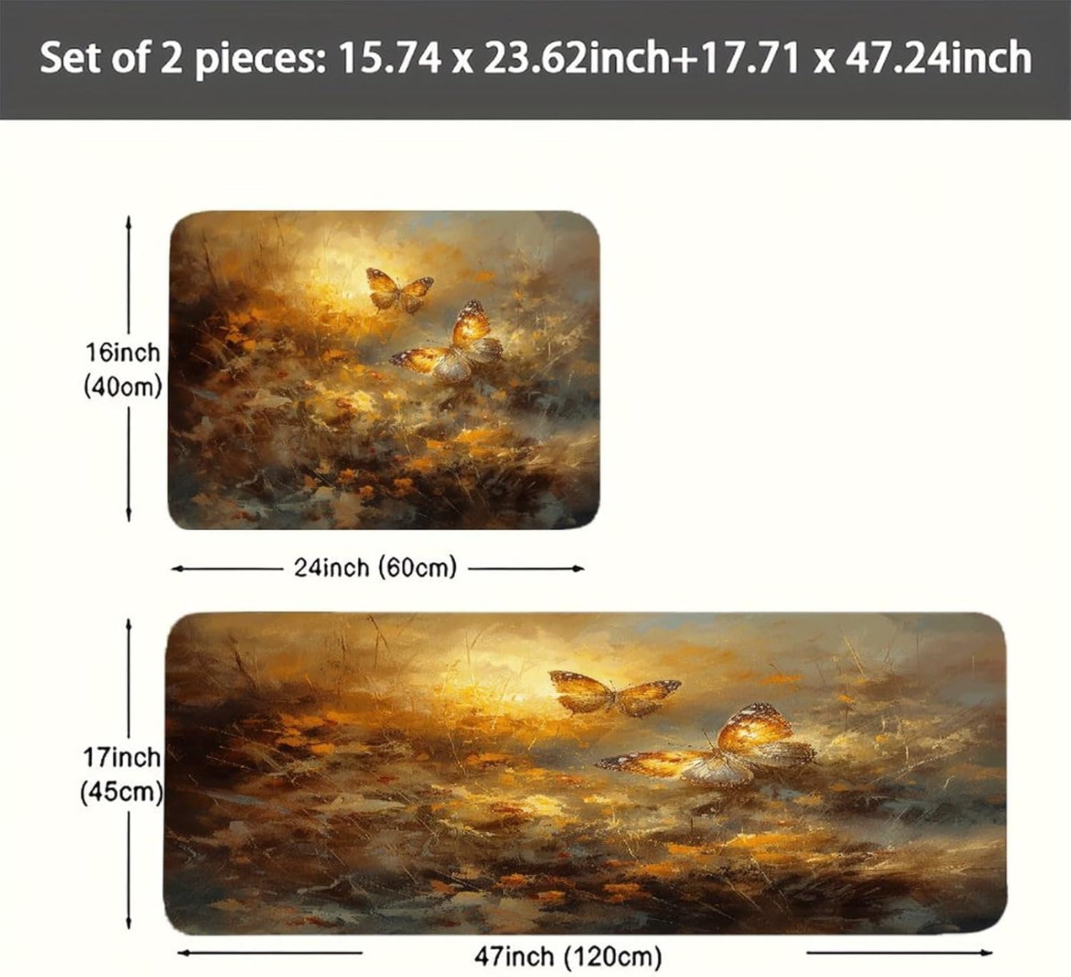 Golden Butterfly Painting Kitchen Mats with 2PCS Non-Slip Washable,Kitchen Rug Heavy Duty Durable, Floor Mats for Kitchen,Office,Sink,Laundry