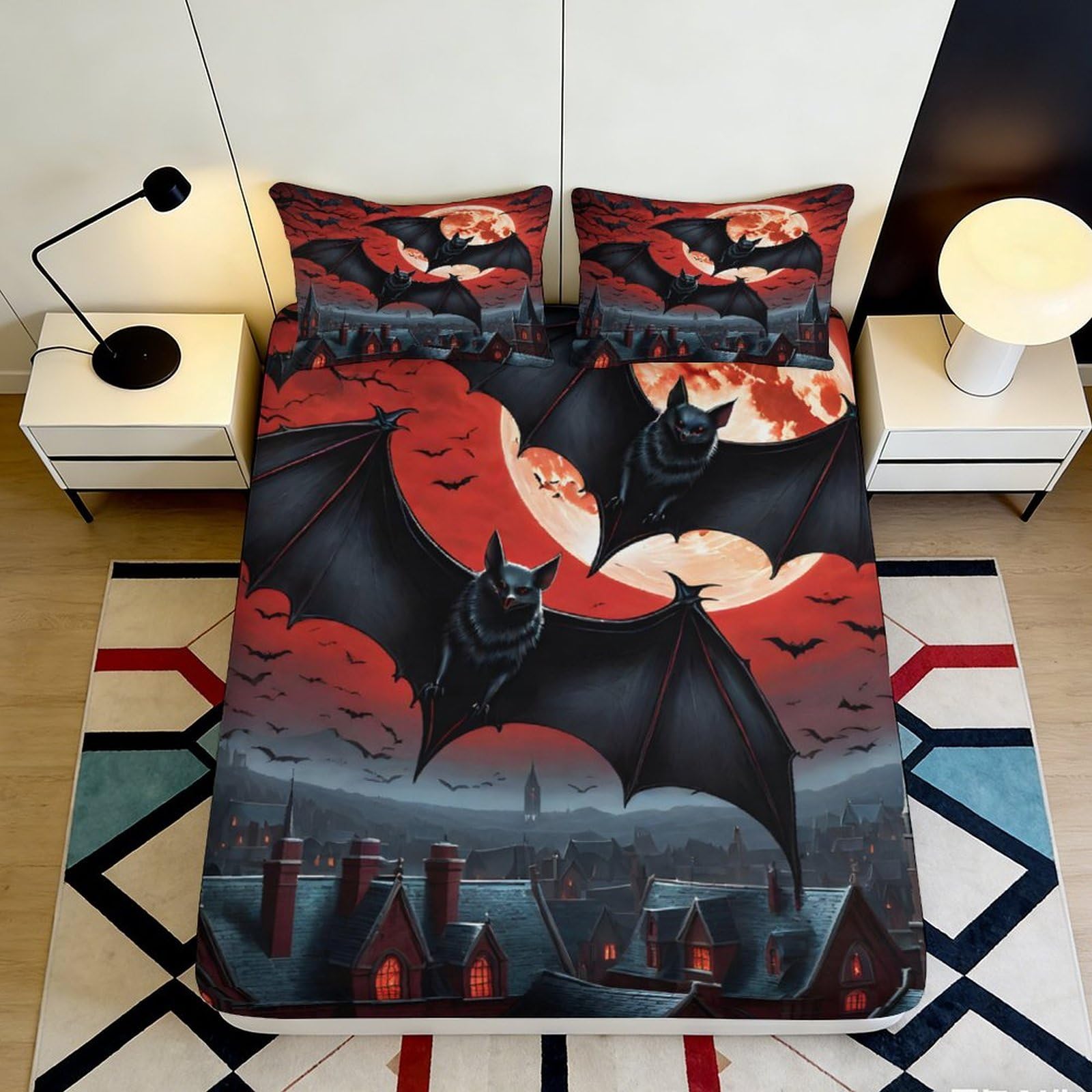 3D Printed Halloween Bat Fitted Sheet Microfiber Durable Soft Red and Black Full Moon Bed Cover for Bedroom Dormitory Guest Room Mattress Protection 120x200x25cm
