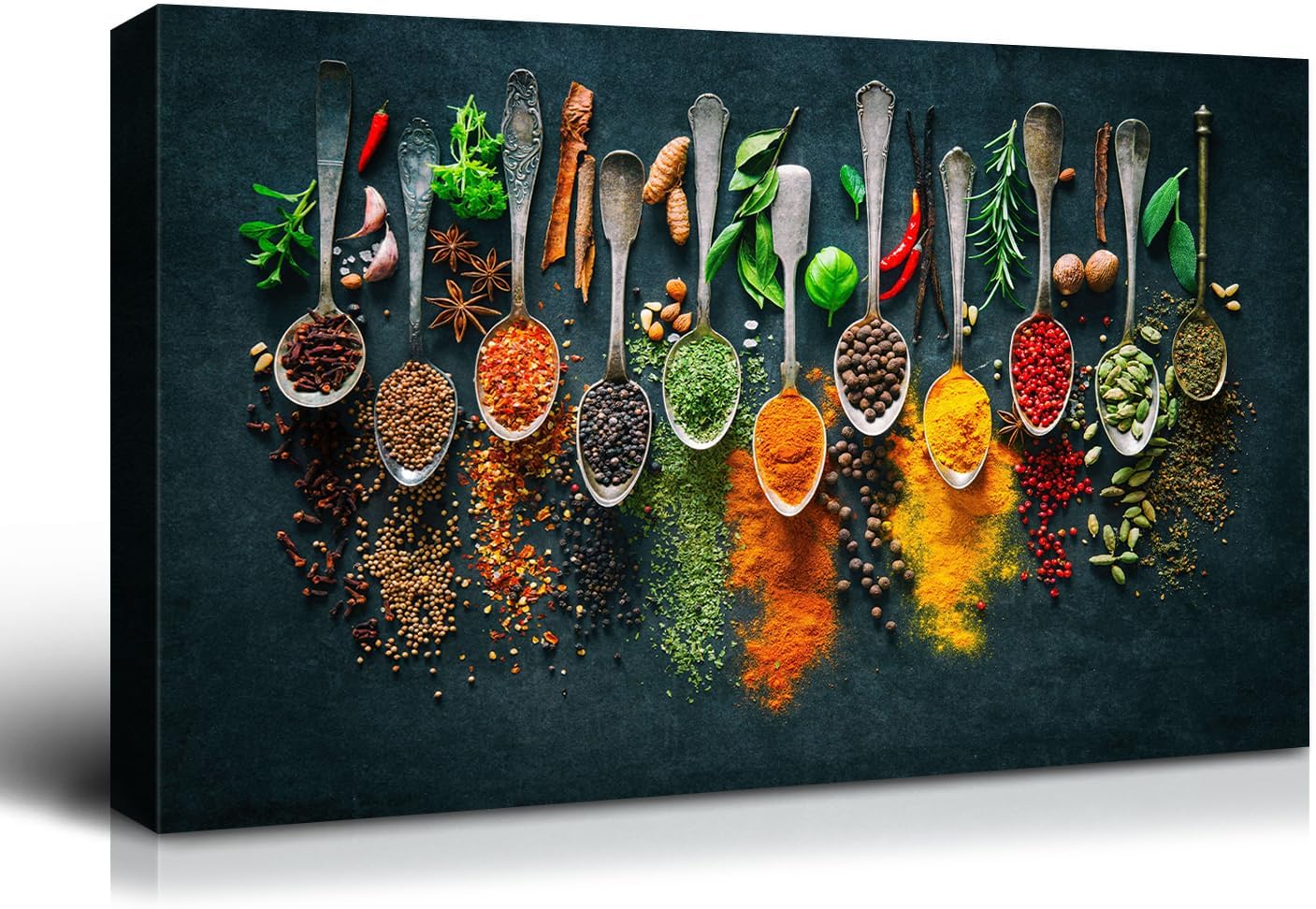 Dimpoli Kitchen Canvas Wall Art, Various Colorful Spices in Vintage Spoons Artwork Decorations for Home Living Room Dining Room Decor Ready to Hang 48×32 Inches