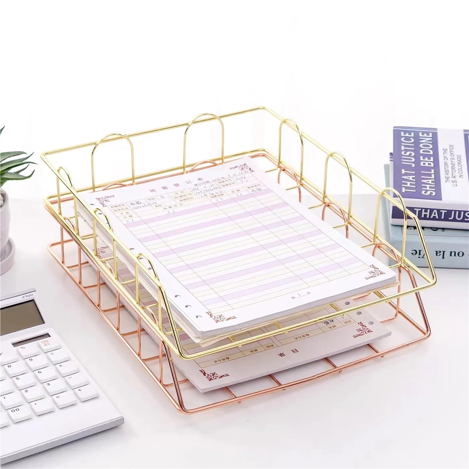 Bandeja de metal de oro rosa para cartas, apilable, para escritorio, elegante solución de almacenamiento de archivos, perfecta para suministros de oficina y gestión de documentos