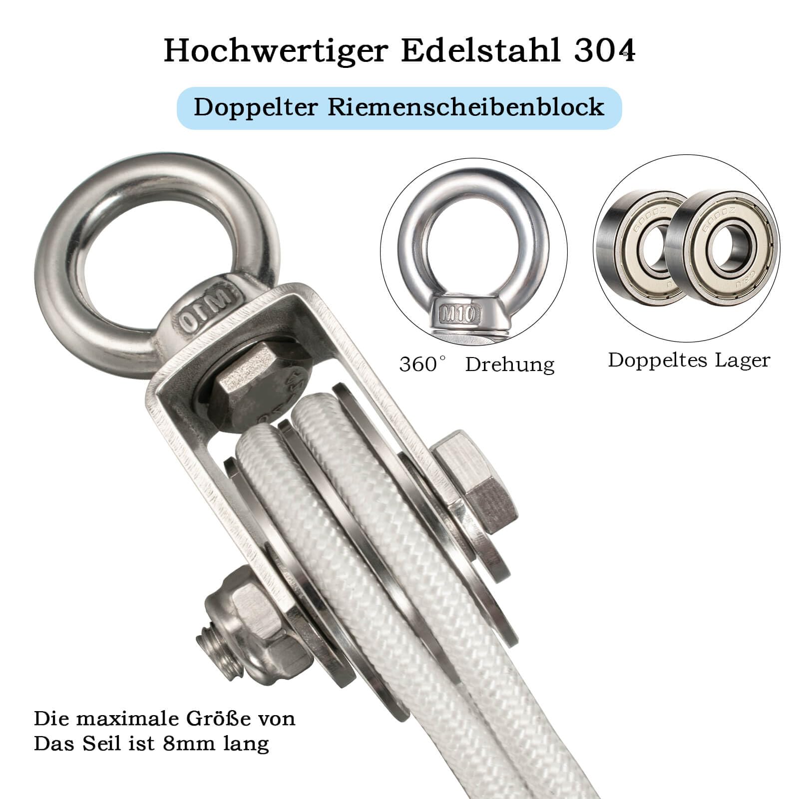 2 Stück Doppelte Umlenkrolle mit 2 Kugellager, Edelstahl Flaschenzug，Umlenkrollen für 8mm Seile Stahlseil, Tragkraft 500kg