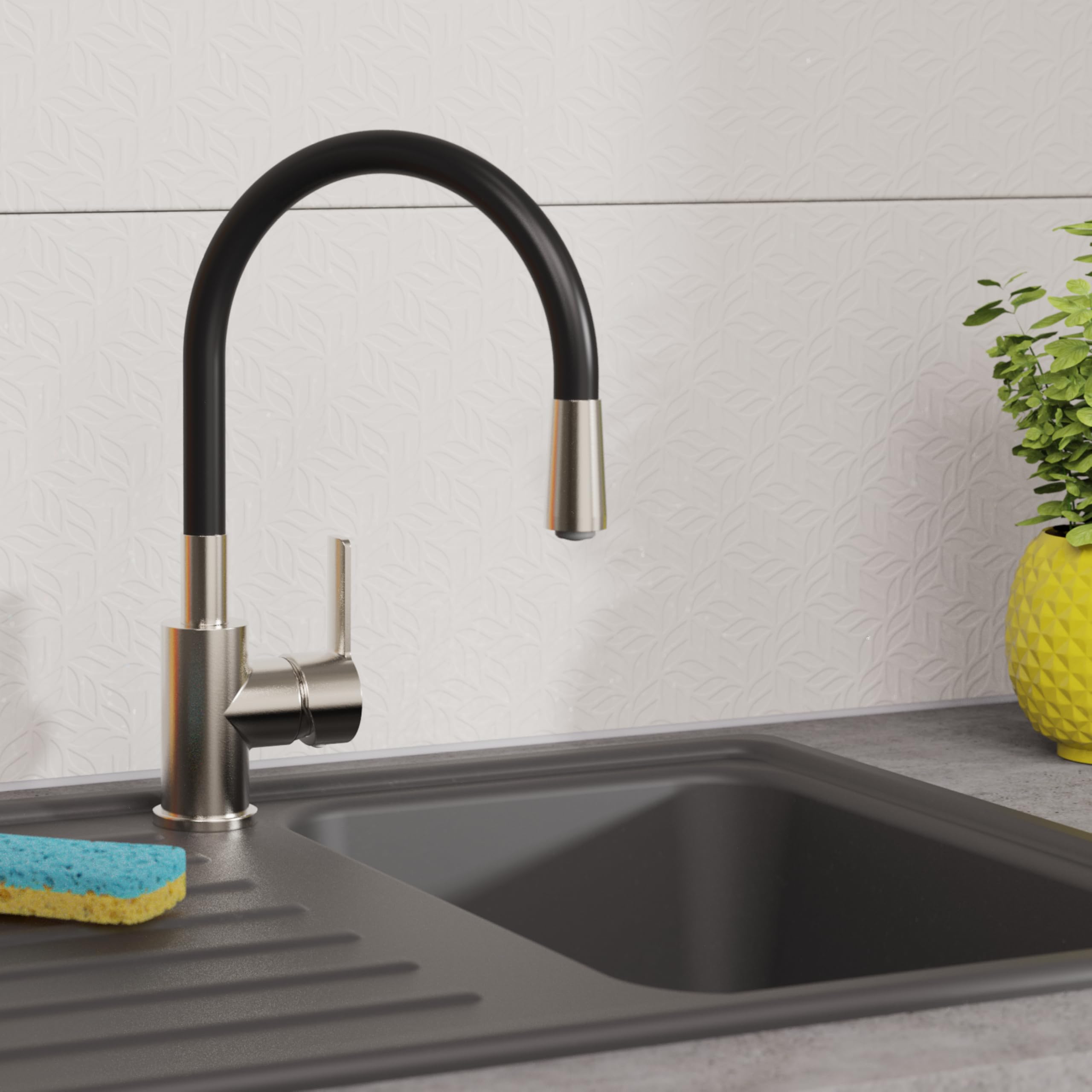EISL Flexo NI186FLNIB Robinet d'évier de cuisine flexible en acier inoxydable/noir, bec haut avec tuyau doux au toucher, orientable à 360 degrés, économie d'eau