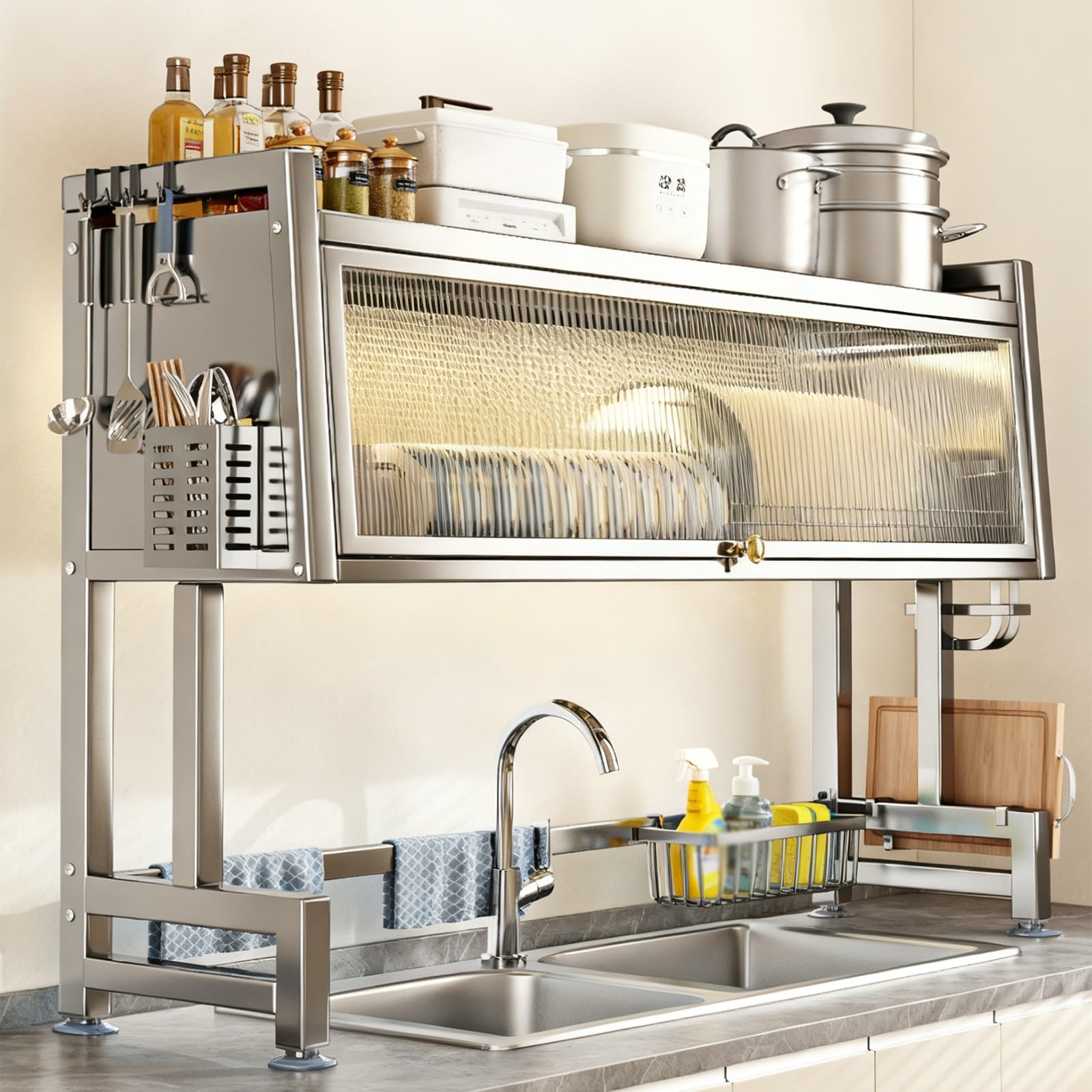 Escurridor de platos multifuncional de acero inoxidable para encimera, para platos, vasos, cuencos y cubiertos, diseño que ahorra espacio