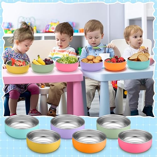 Vista 33 de Nuogo 6 cuencos de acero inoxidable 304 para bebés con carcasa de silicona extraíble para niños pequeños, recipiente antiquemaduras para Color suave