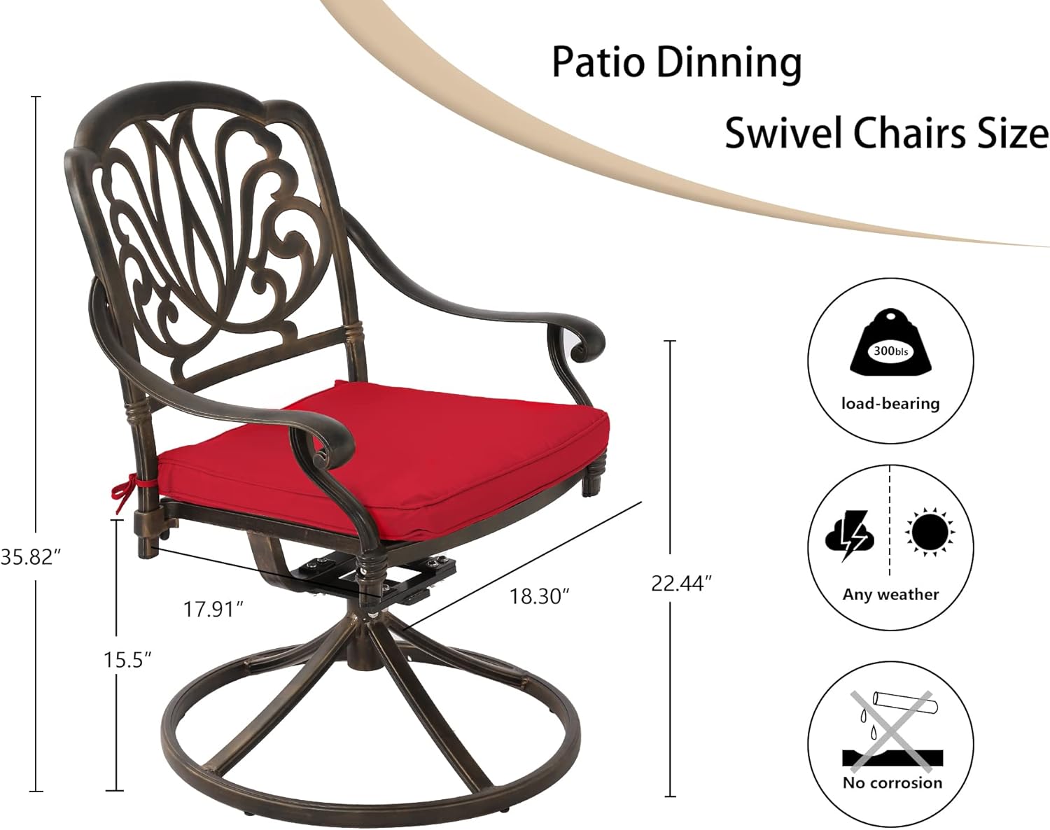 Grepatio 2 Piece Patio Swivel Dining Chairs with Cushions, Outdoor Cast Aluminum Dining Chairs Set of 2, Metal Furniture Chairs for Lawn Garden Backyard (Swivel Rocker Chairs with Red Cushions)