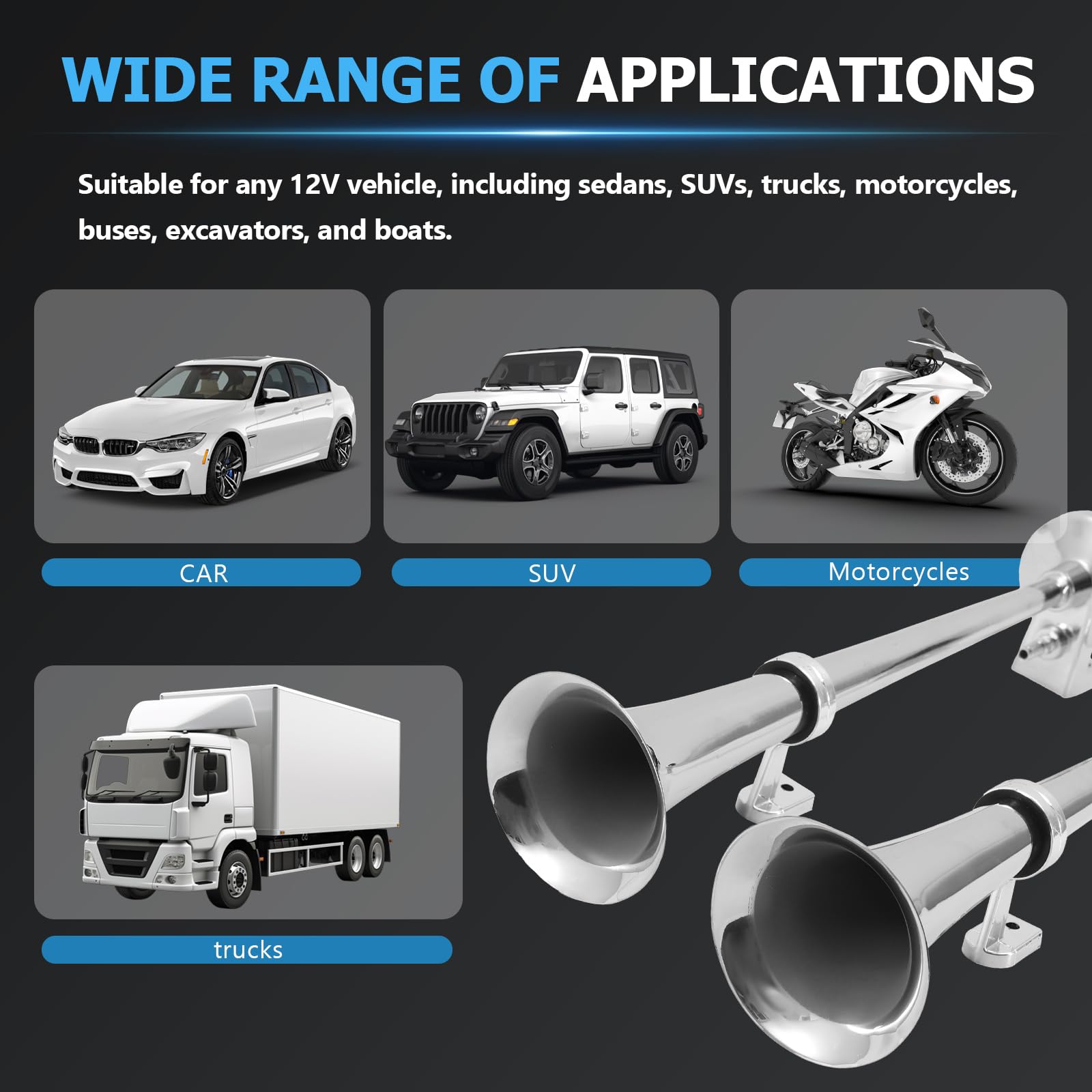 Lkw Hupe 12V, 150 dB Traktor-Trompete, 18 Zoll Autohupe Chrom Zink, Druckluft Hupe mit Kompressor, für Auto Lkw Traktor Motorrad Boot