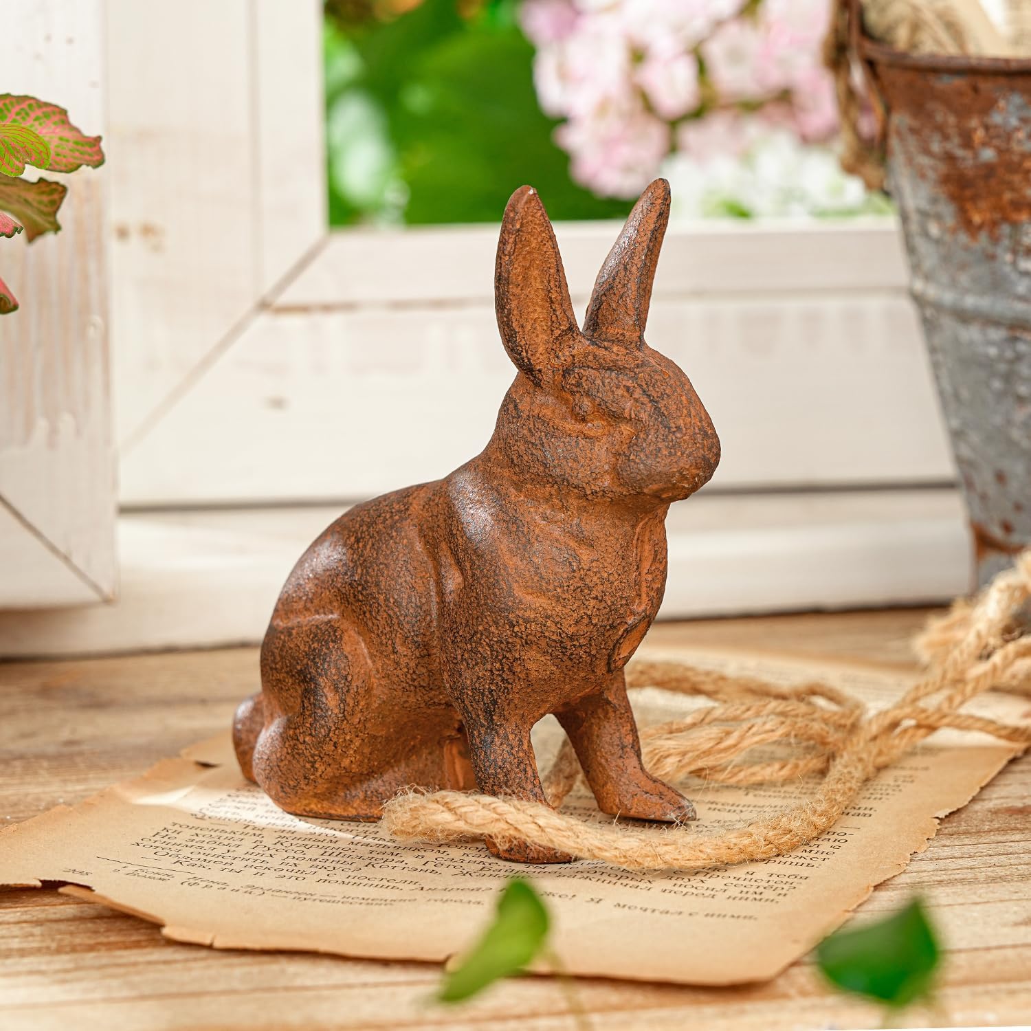 Sungmor Cast Iron Rabbit Statue,Rustic Rust Heavy Duty Animal Collection Sculpture, Paperweight, Doorstop, Adorable Garden Figurine - Sitting Rabbit Statue