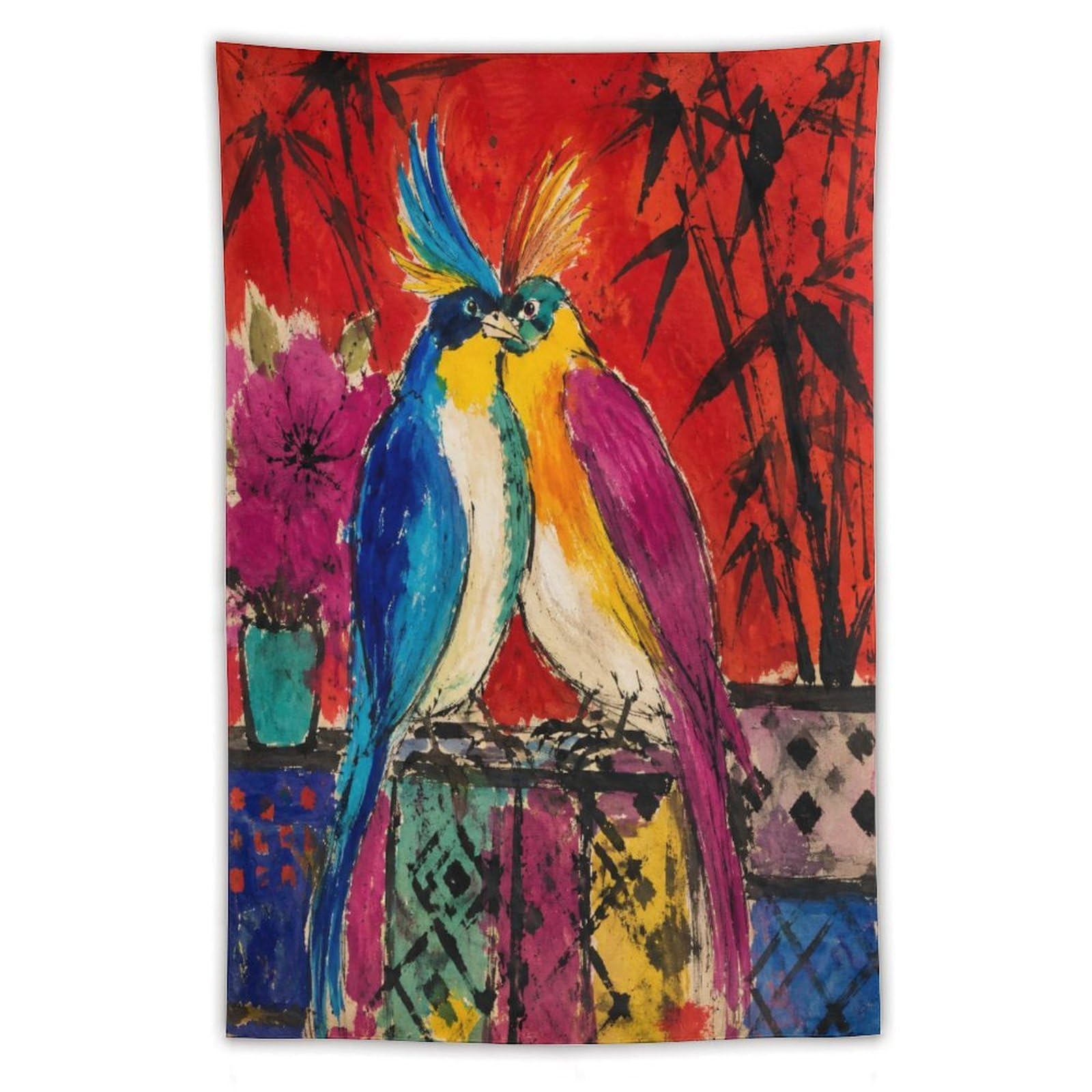 W7C8U2X3 Colorful Parrot Pair Wall Tapestry, Realistic Illustration, Bed