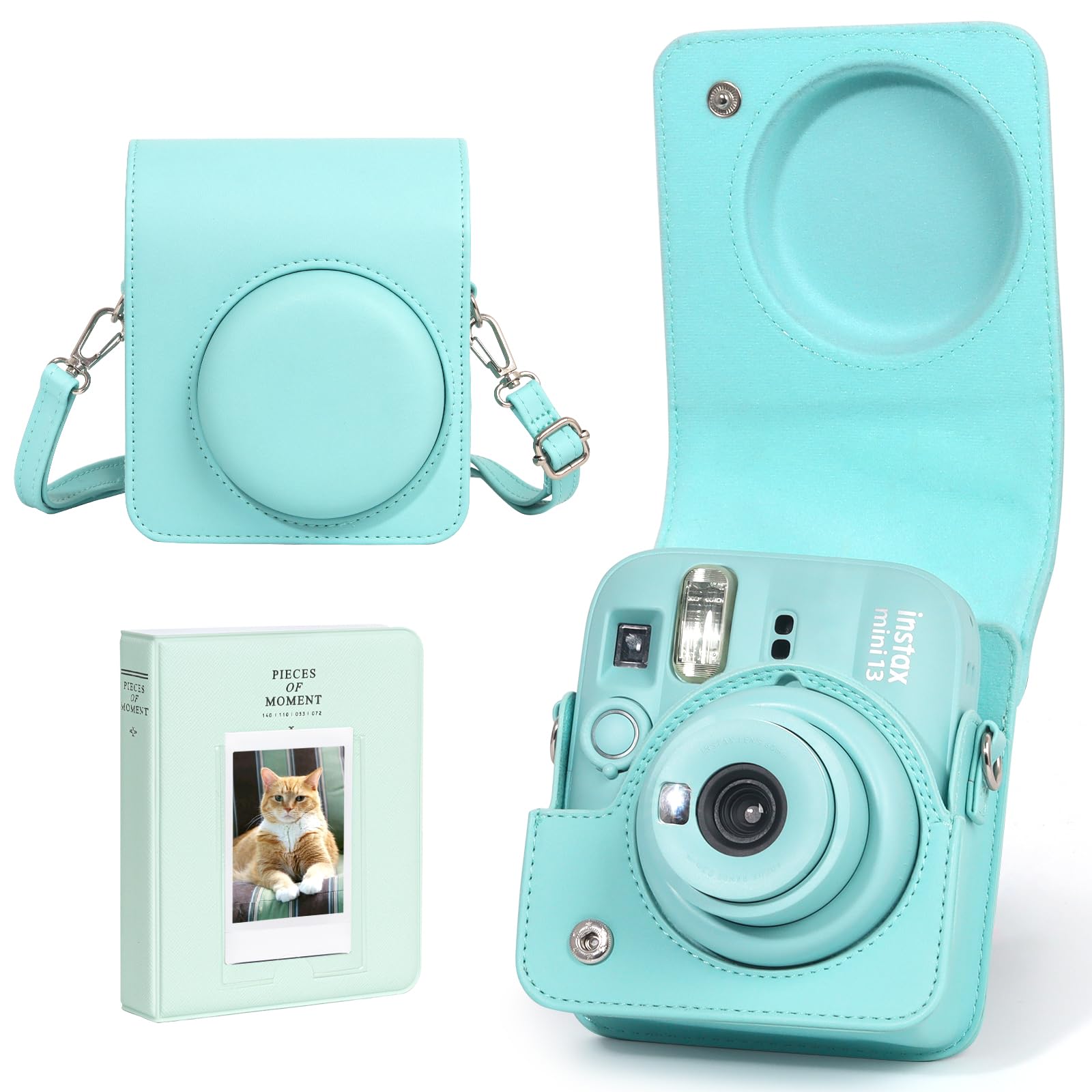 Camera Case for Fujifilm Instax Mini 13 Instant Camera, Green | Mini 13 Camera Protective Case, Mini 13 Case Cover, PU Leather Bag, with 64 Photo Album 2x3, Adjustable Strap, No Camera Lagoon Green Mini 13 Camera Bag