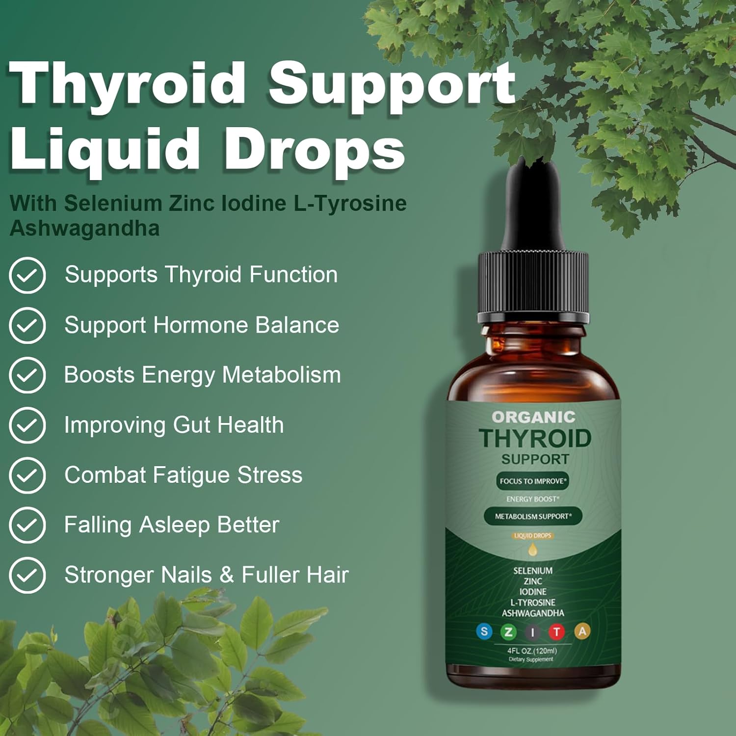 Thyroid Support Liquid Drops with Selenium, Zinc, Iodine, L-Tyrosine & Ashwagandha for Hormone Balance, Daily Energy & Metabolism Support - 4 fl. oz. (120mL) - Image 2