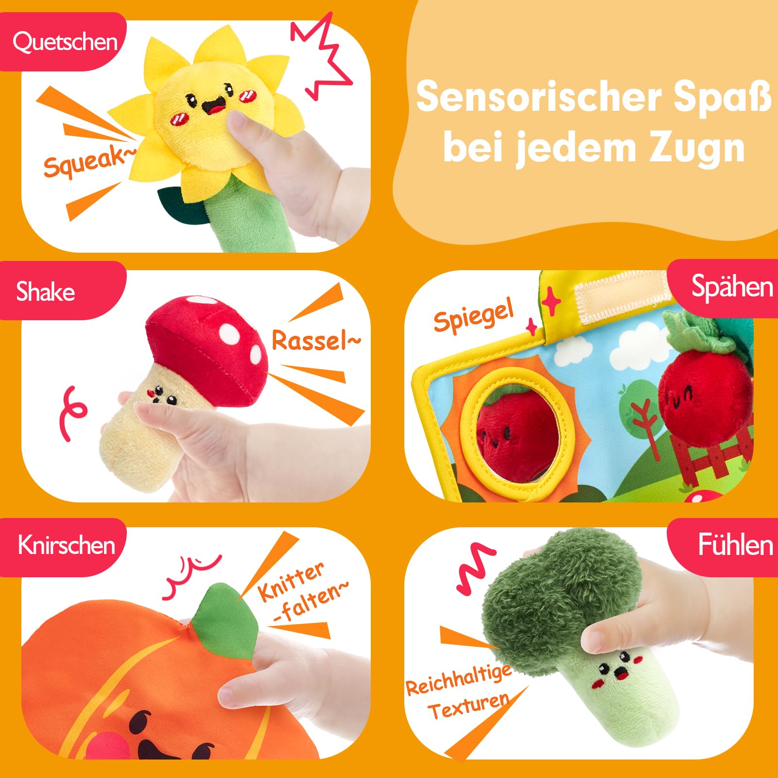 hahaland Rübe Ziehen Montessori Spielzeug Baby, Obst und Gemüse Plüschtier-Set, Motorik Baby Spielzeug 6 Monate mit Rasseln Spiegel Tragbarer Box,Baby Geschenk für Spielzeug ab 6 7 8 9 10 12 Monate