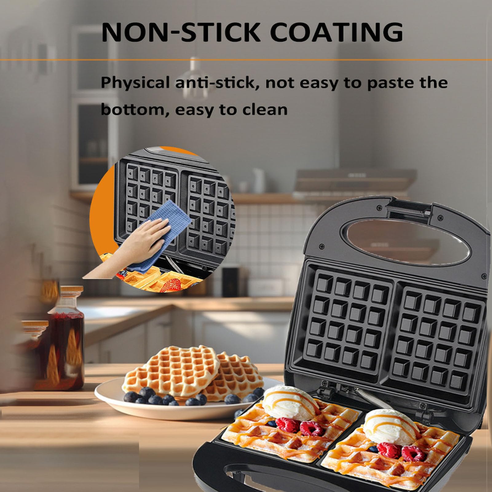 Máquina para Hacer Gofres, Máquina de Desayuno Eléctrica Portátil Antiadherente Compacta para Gofres, Prensa para Gofres para Refrigerios Caseros, Color Negro