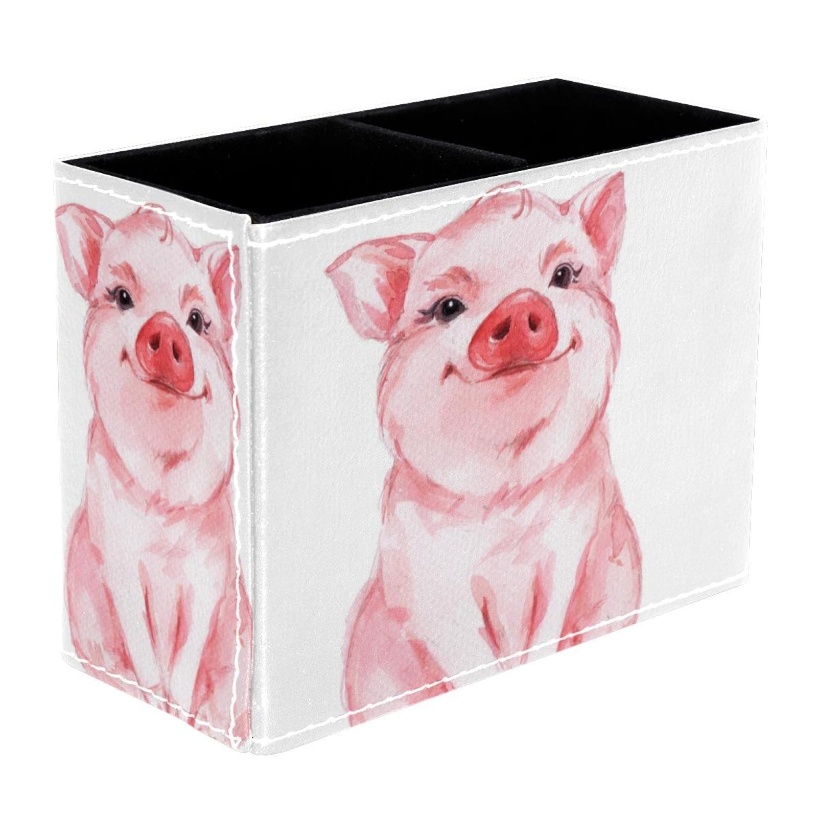 VAPOKF Cute Pig Pen Holder for Desk, 2 Compartments Pen Pot Pencil Holders Makeup Brushes Storage Desktop Stationary Supplies Organiser for Home Office
