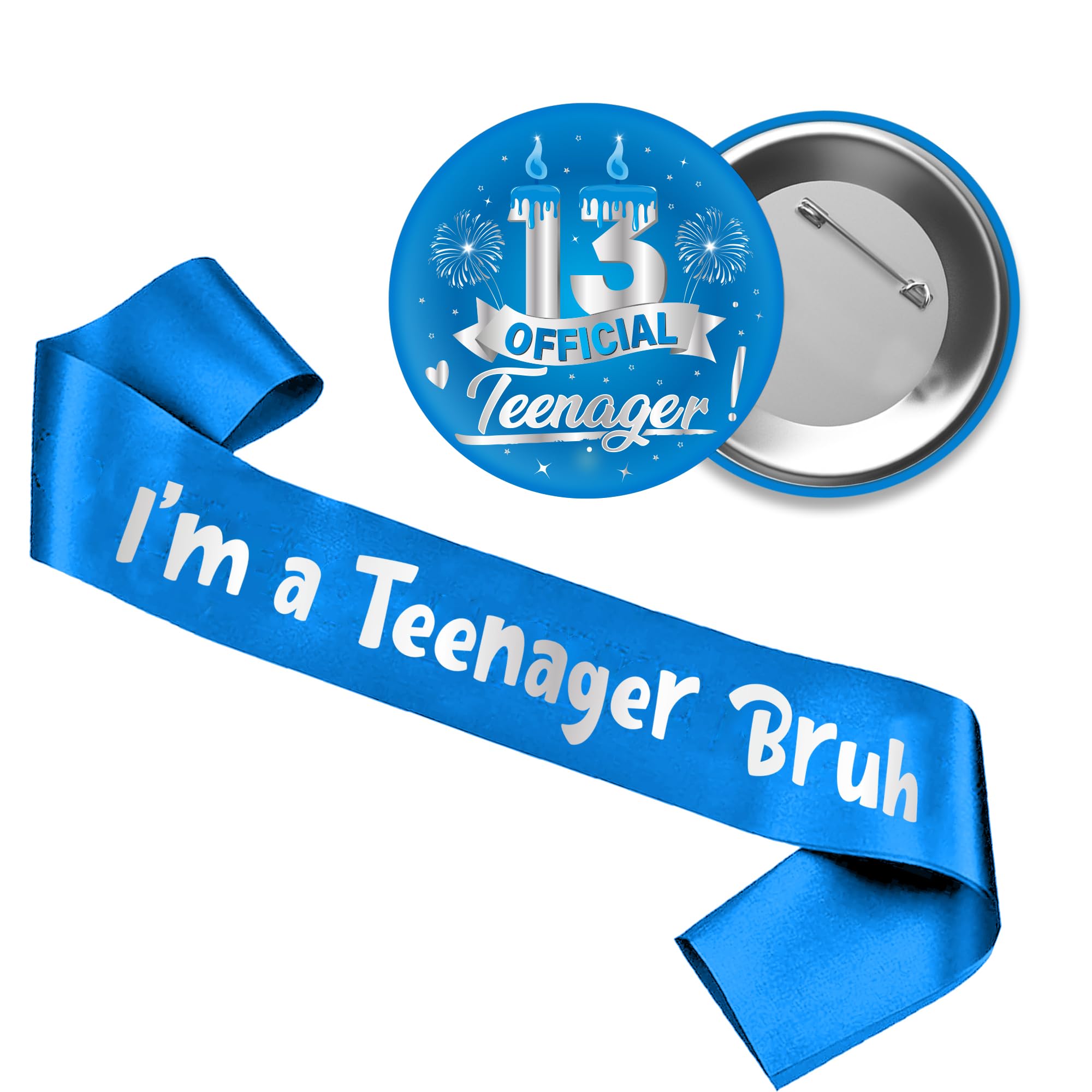 13th Birthday Decorations Gift Boys - 2 Pcs Blue Silver I'M A Teenager Bruh Sash 13 Official Teenager Badge Party Supplies for Boy Thirteen Birthday Accessories Gifts