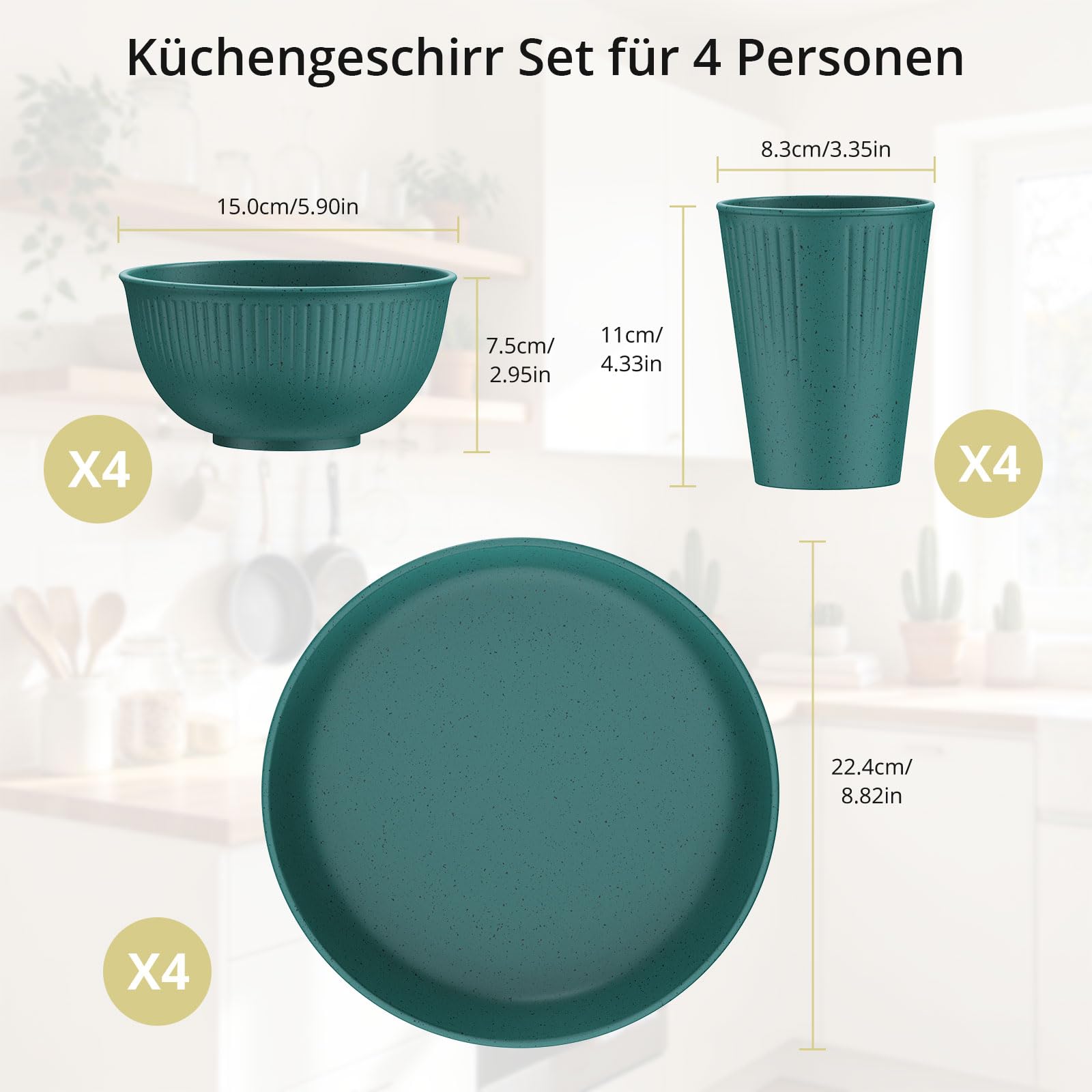 Anbte 12 Teiliges Geschirrsets Unzerbrechlich aus Kunststoff für 4 Personen Camping Geschirr Set 4-Farben Leichtes Küchengeschirr Set ideal für Picknick Camping Garten Wiederverwendbar (Bunt Gelb)