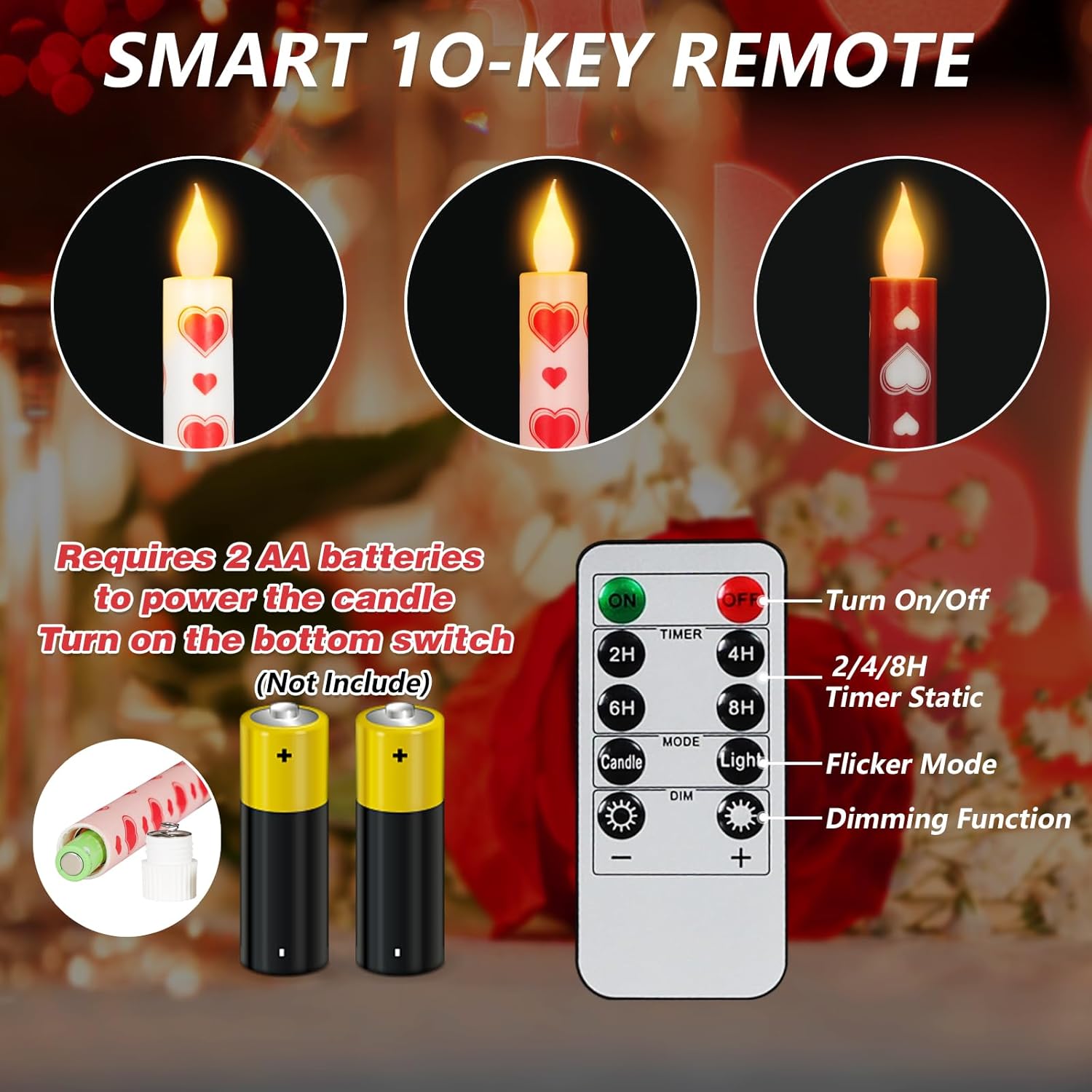 6PCS Valentine's Day Flameless Taper Candle - 10.63" Heart Love Candle with Remote,Pink Red Battery Operated LED Candlesticks,Valentines Candles Gifts for Wedding Anniversary Romantic Night Decor