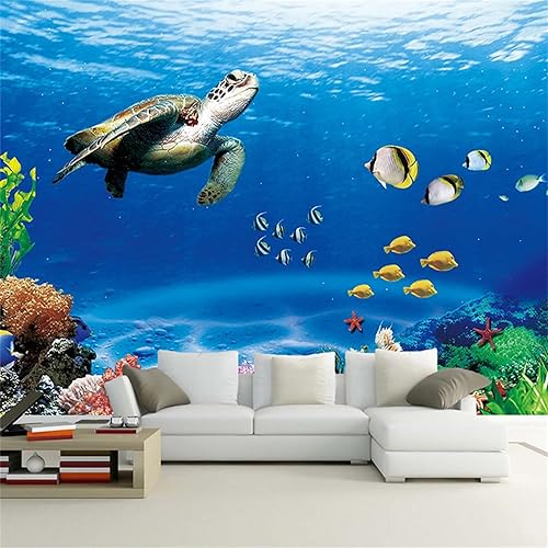Mural 3D de tortuga subacuática cola de pelo de pez coral, papel tapiz de mundo submarino oceánico, calcomanía de pared de alta resolución, textura