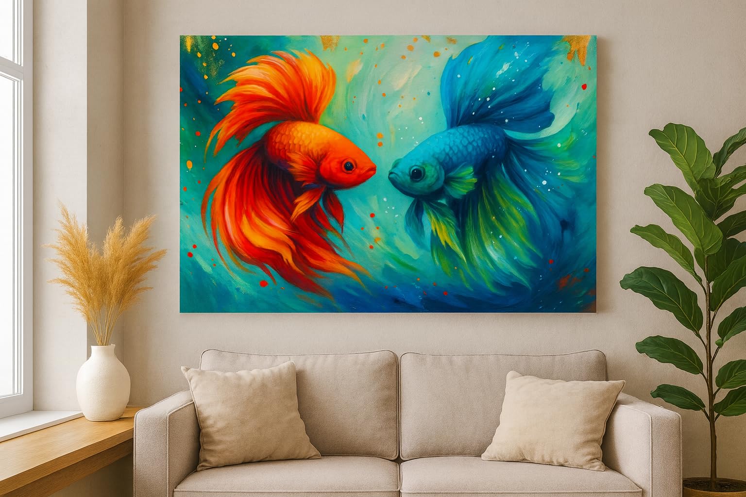 Oil Painting Handmade on streched canvas, fishes ocrean poetry | Hand Painted, Teal & Orange Tones, Wall Art Decor, Stretched Canvas, Fish Art-image-33