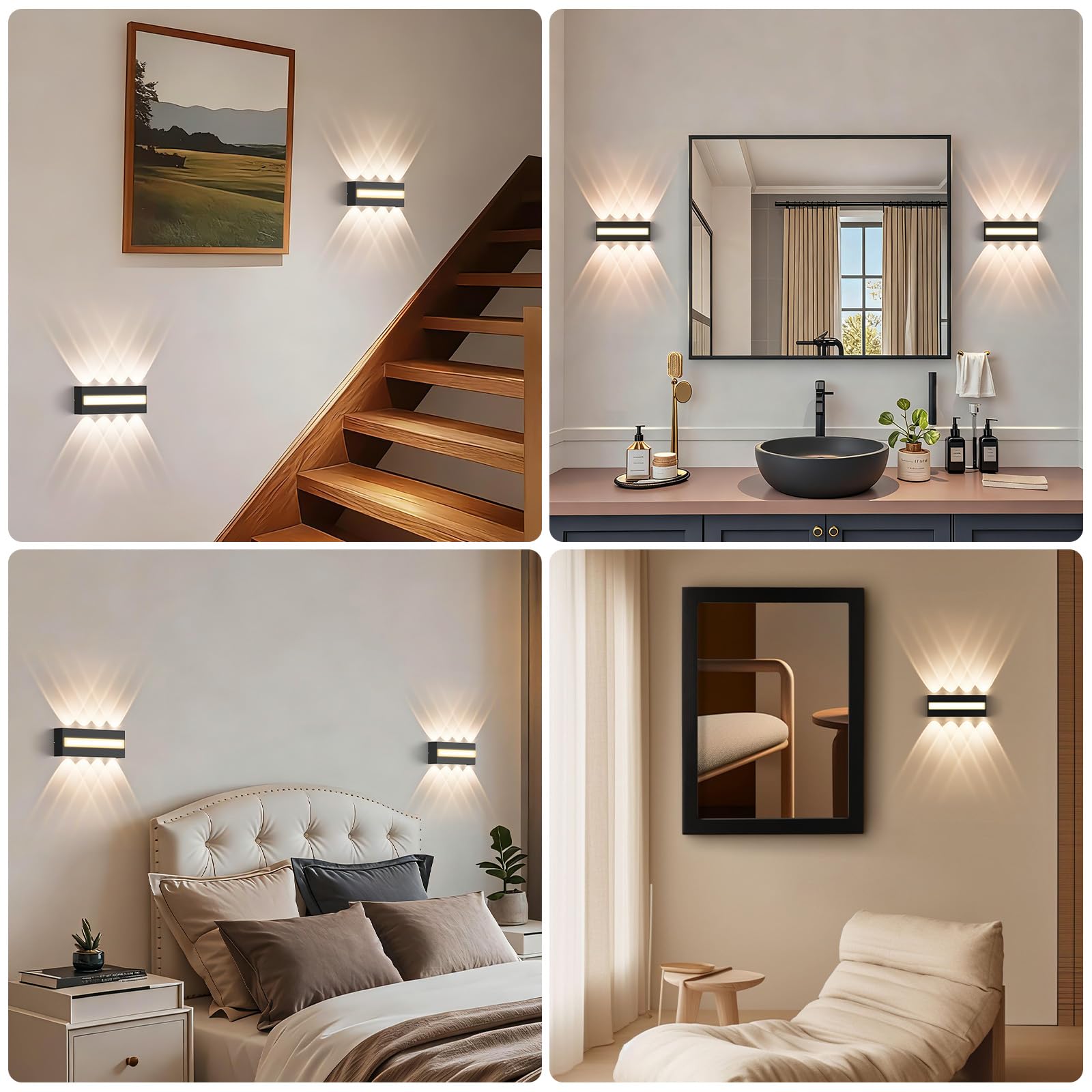 LED Wandleuchte Innen IP65, 3000K Wandlampe mit 8 Lichtquellen Up Down, 12W (1200lm) LED Lampe aus Aluminium Für Wohnzimmer, Schlafzimmer, Flur, Treppenhaus, Warmweiß