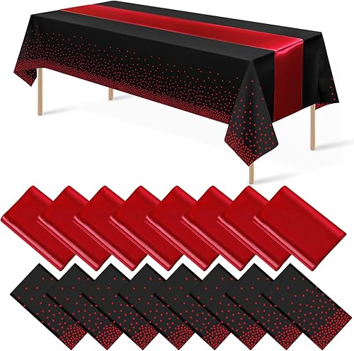 Miniatura 1 de Juego de 16 manteles desechables de plástico para fiestas y camino de mesa de satén negro y rojo, mantel de satén rojo para bodas, cumpleaños, baby