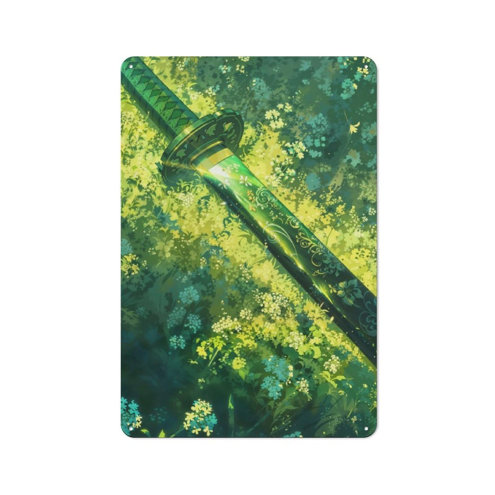 Junmoney Katana In Green Petals Industrial Industrial Metal Sign 30X20cm, Industrial Wall Decor For Workspace, Cafe, Hallway Or Garage