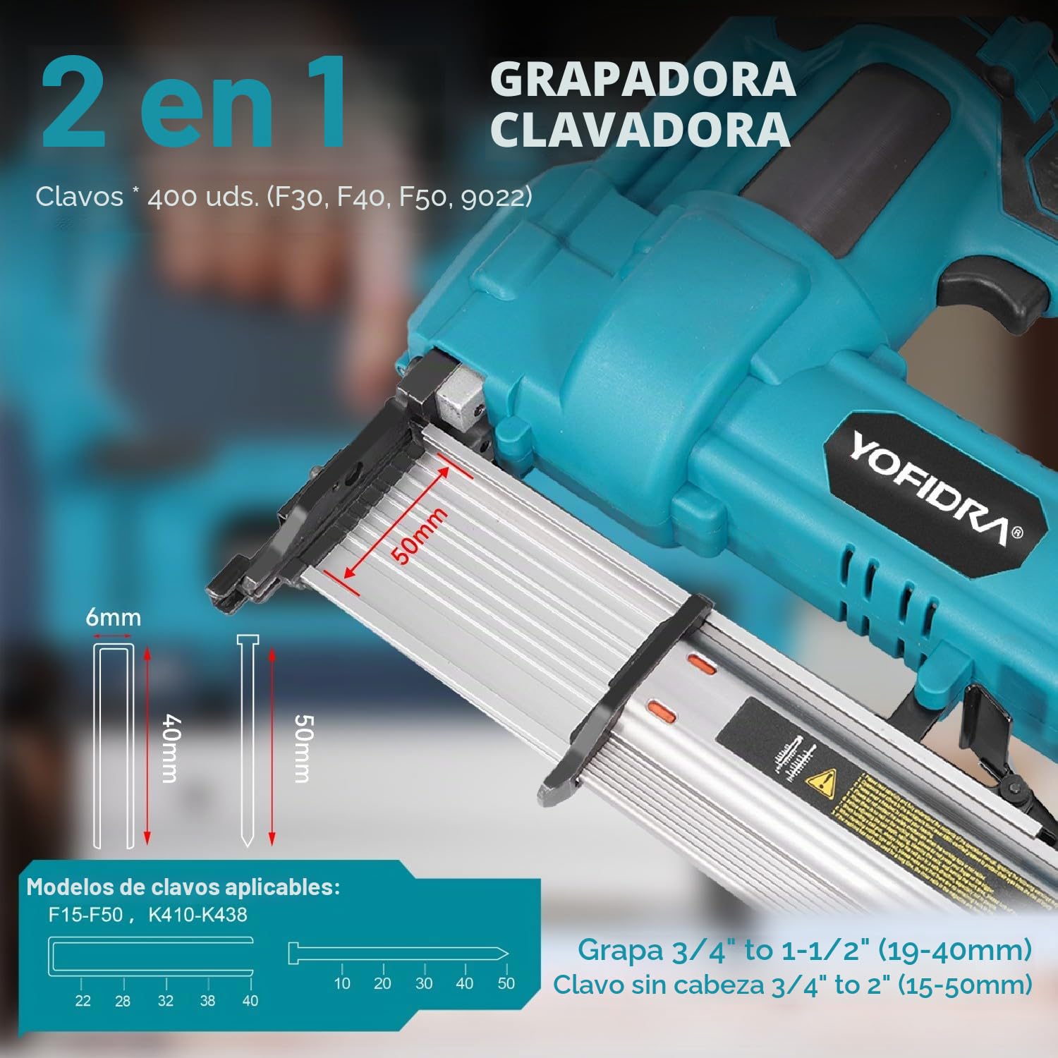 Yofidra Grapadora eléctrica 2 en 1, 20 V, batería 2 x 3000 mAh, ajuste de profundidad, luz LED, 300 clavos, 100 grapas, carpintería, bricolaje
