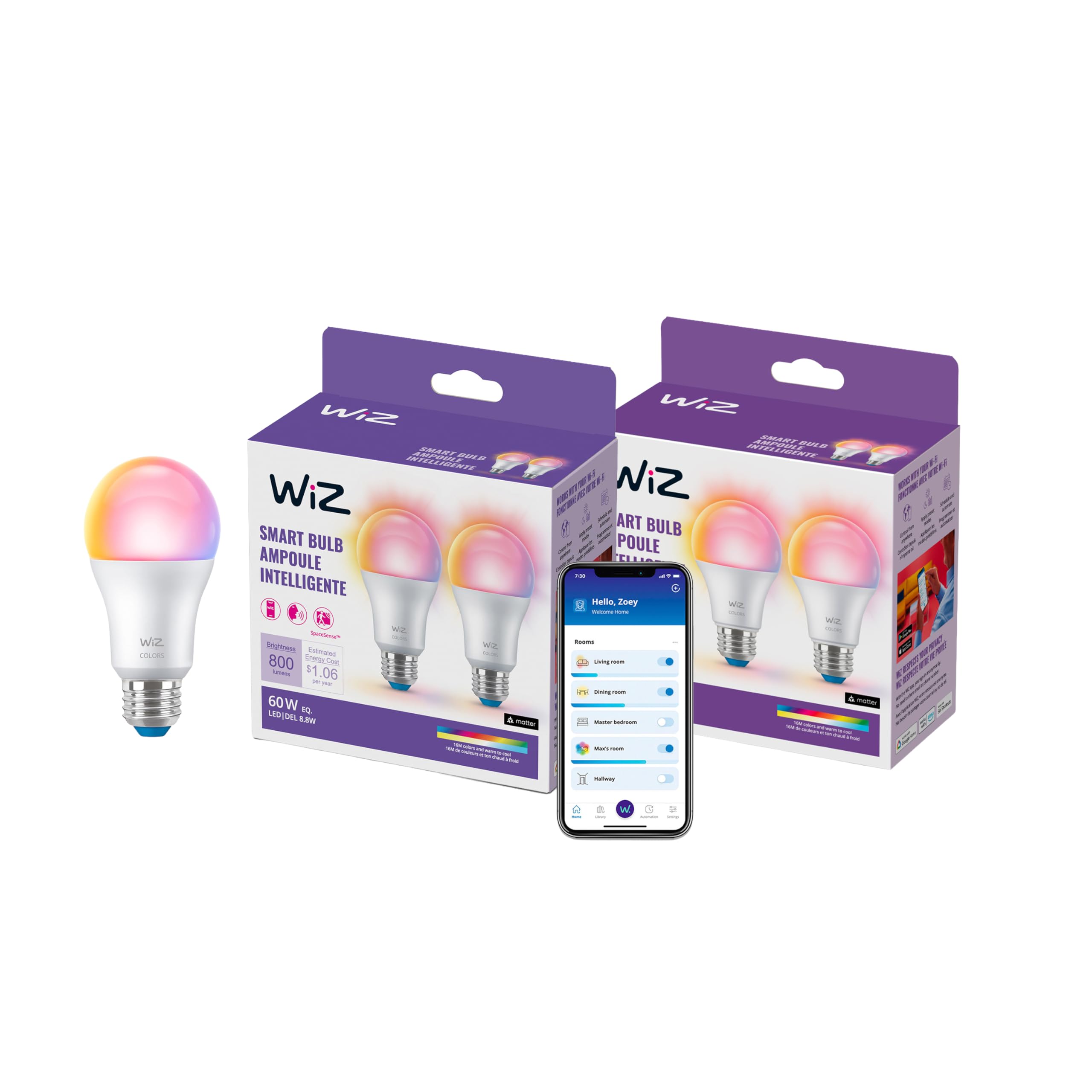 WiZ Connected Smart Light Bulbs, 4-Pack, Full Color A19 60W 800LM E26 LED Lights, Sunset/Sunrise Automation, Smart Bulbs with Motion Detection, Control with Voice or App 4 Pack