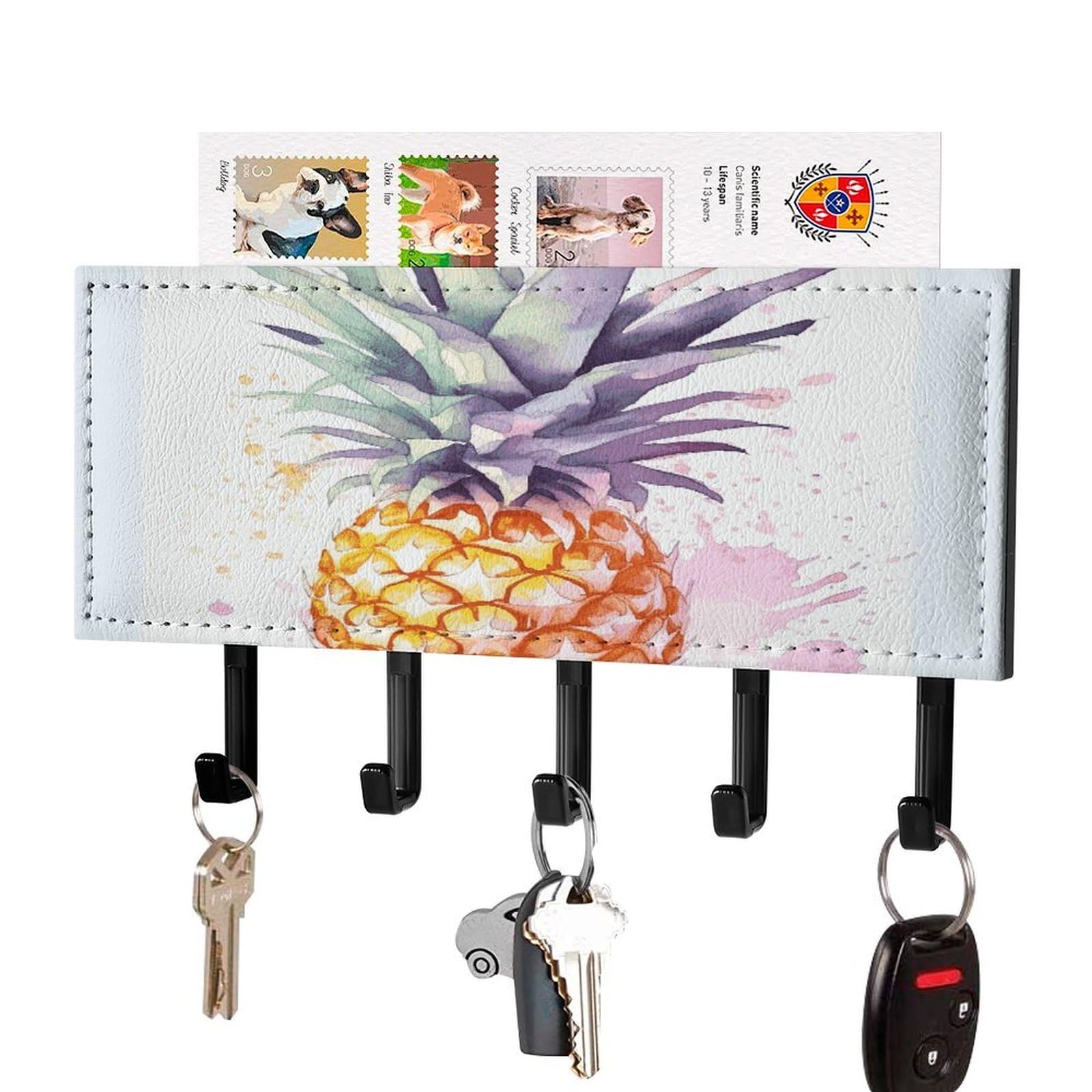 FekiLoot Pineapple Key Holder for Wall Decorative Mail Organizer with 5 Key Hook Self Adhesive Key Rack with Tray Coat Rack Wall Mount Key Hanger Decor for Entryway Door