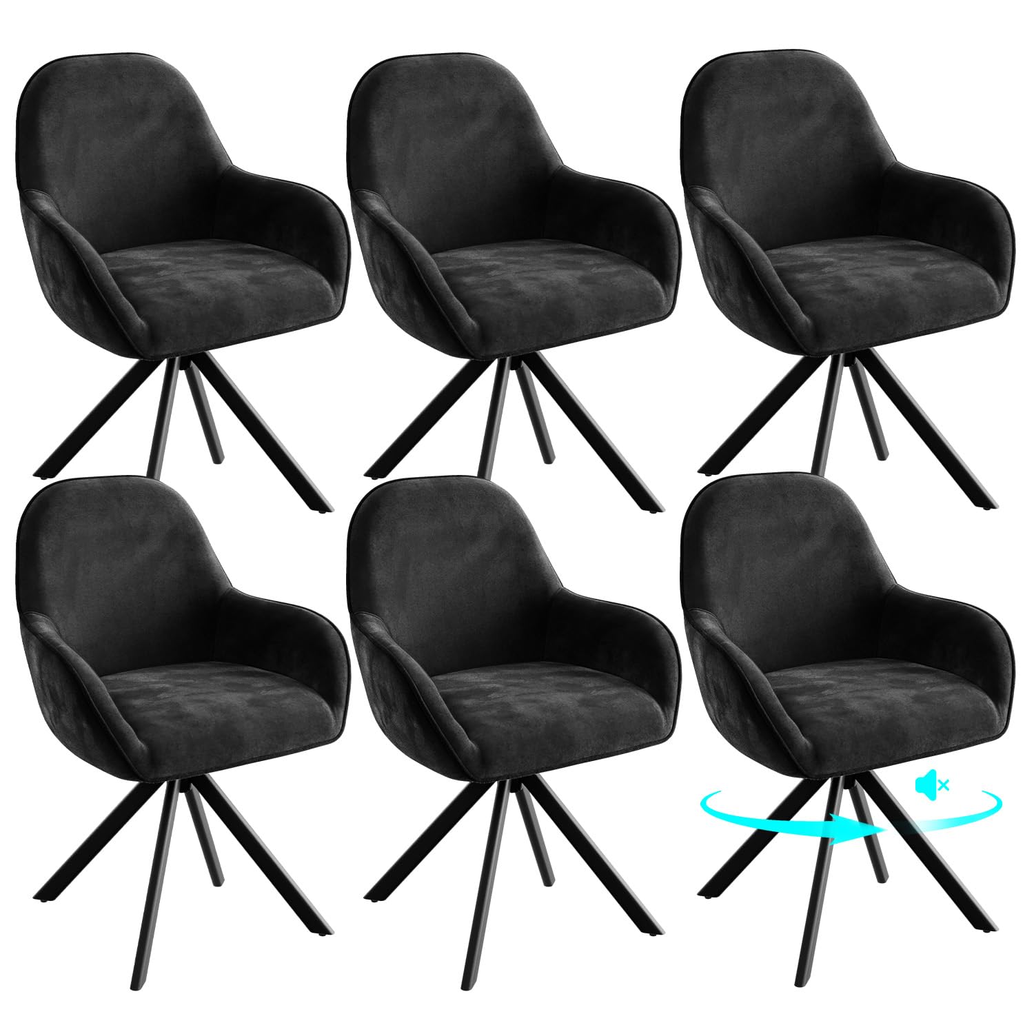 ELUCHANG Esszimmerstühle Drehbar 6er Set, 360° Drehstuhl mit Hohen Armlehnen und 10 cm Dickem Sitzkissen, aus Samt, bis 150 kg Belastbar für Esszimmer, Wohnzimmer, Büro, Schwarz