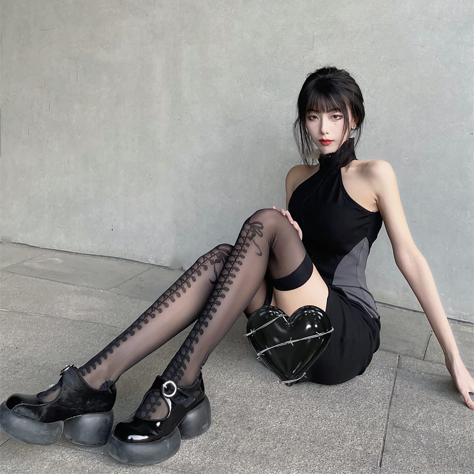 Paia di Calze da Donna, Collant a Rete in Pizzo Sexy con Lacci, Calze al Ginocchio Ultra Sottili Calze Alte Nere e Bianche Taglia Unica (Nero Taglia Unica)