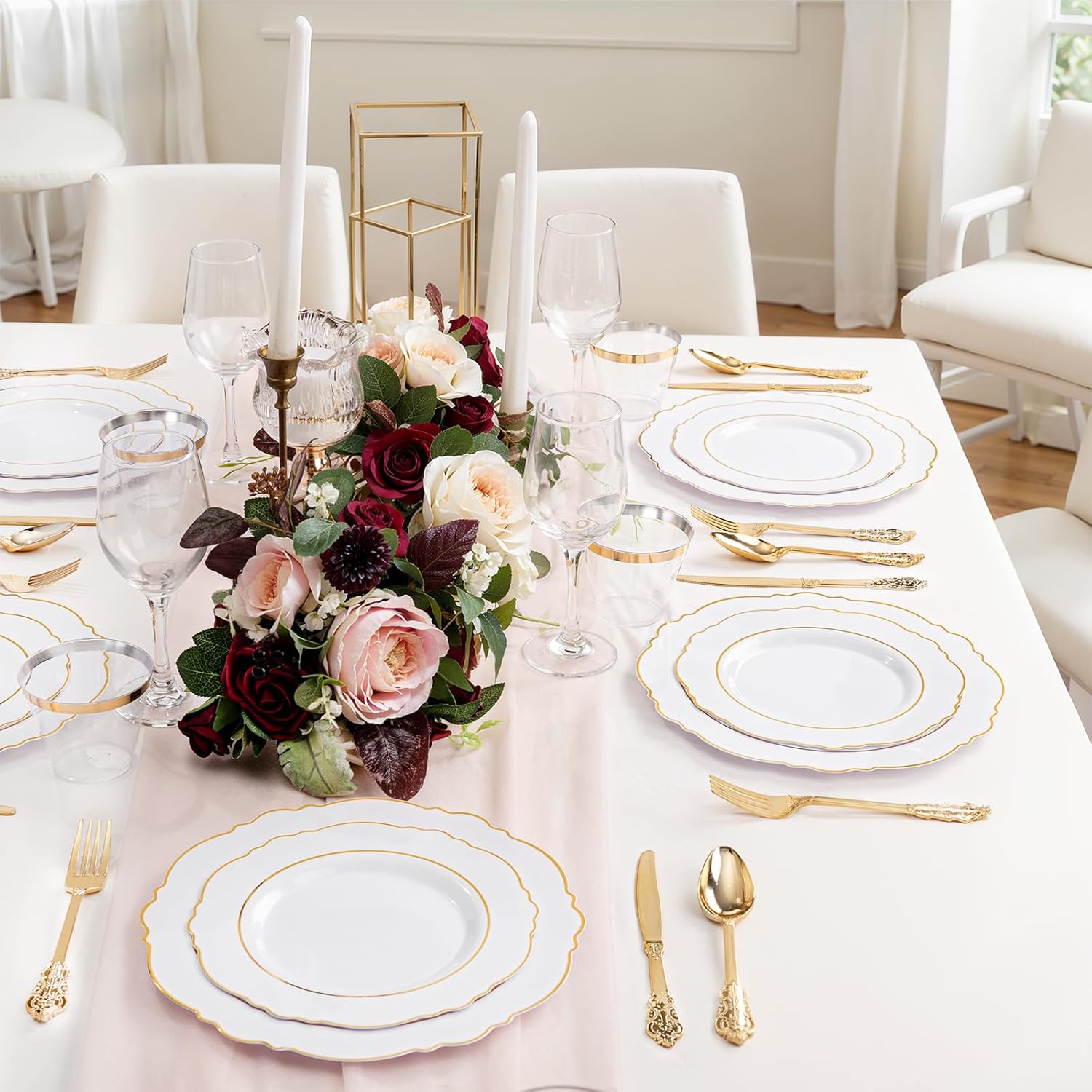 Gold Plastic Plates - Baroque Dinnerware Sets for 100 Guests - 200