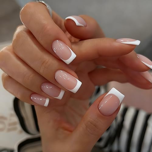 SXVME Press On Nails Short Medium Square, White French Tip