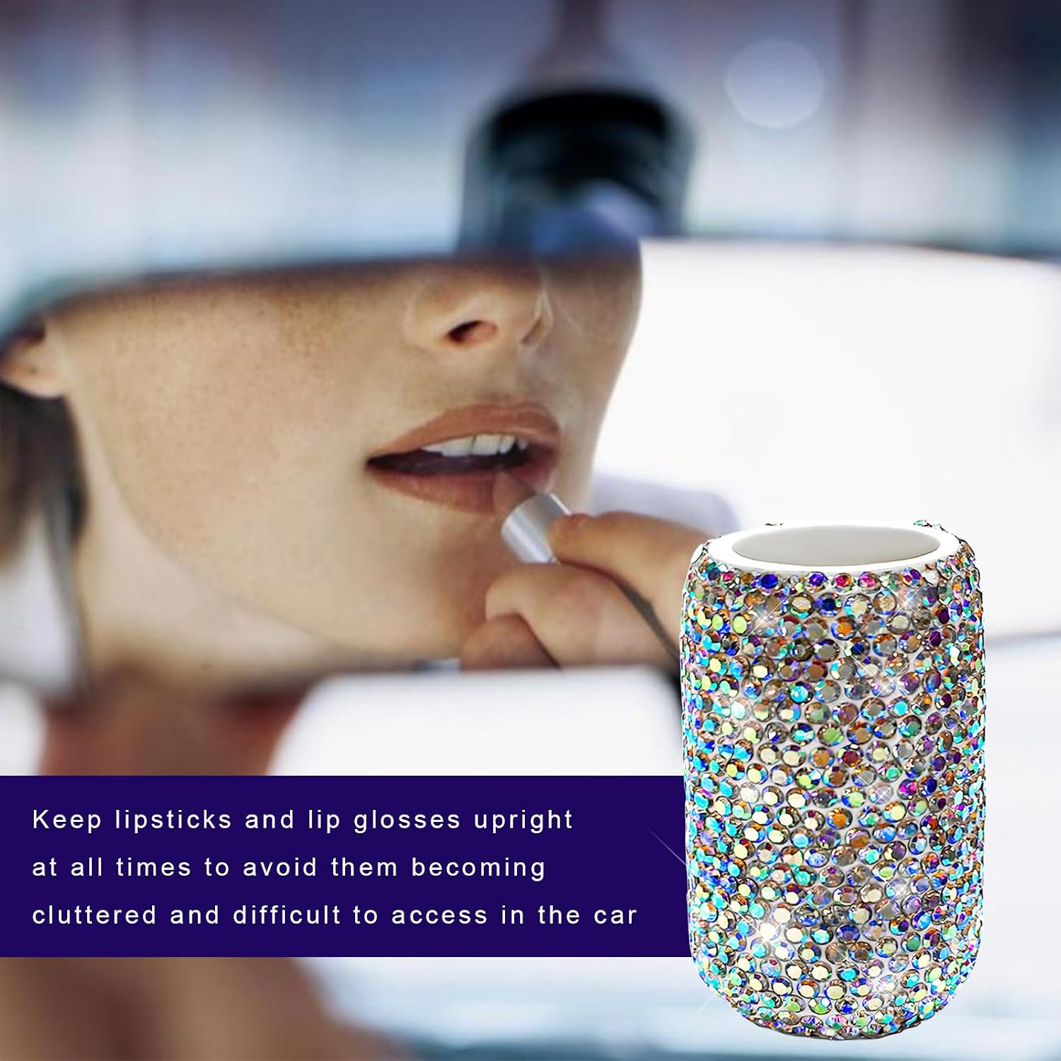 Upright Car Lip Balm Holder, Bling Rhinestone Lipstick Organizer Vehicle Insulating Lip Balm Mount, Sparkling Lipstick Holder Auto Interior Accessories for Women Girls (AB) image 4