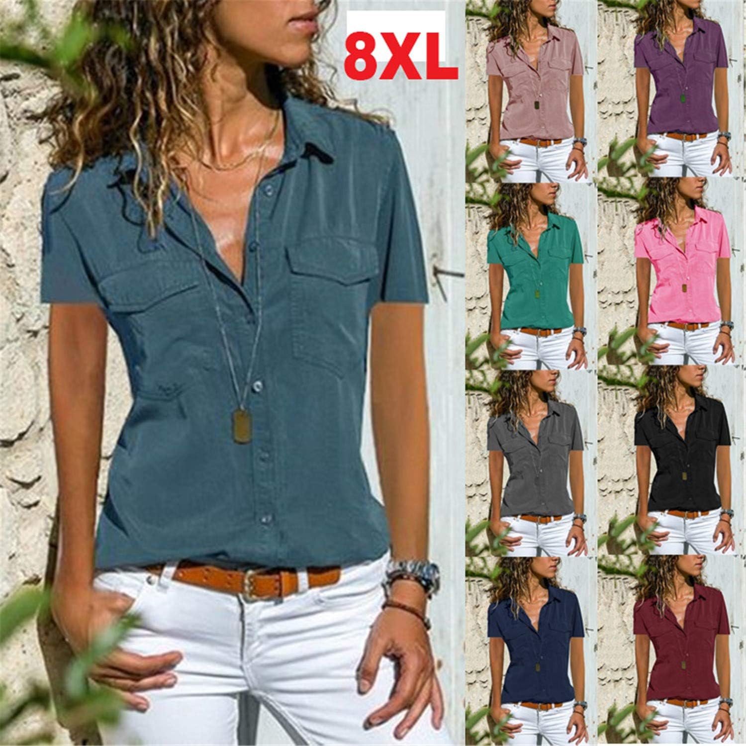 Andongnywell Women's Button Down Solid Color Short Sleeve Tunic Blouse Tops Shirts Tunics t Shirts