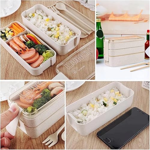 Miniatura 4 de Mejiwasmi Caja Bento portátil, lonchera de 3 capas, 30.4 fl oz de paja de trigo para vajilla de almacenamiento de alimentos (rosa)