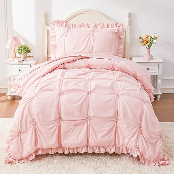 Twin Comforter Set for Girls, Boho Pintuck Bedding Comforter Sets, 4 Pieces Ruffles Jacquard Embroidery Twin Bedding Sets with Comforter, Fitted Sheet, Flat Sheet and Pillowcase, Pink
