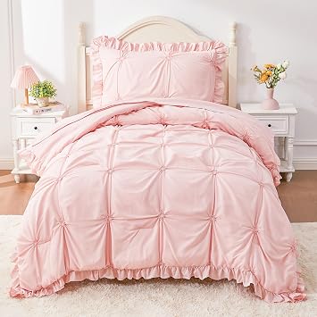 Twin Comforter Set for Girls, Boho Pintuck Bedding Comforter Sets, 4 Pieces Ruffles Jacquard Embroidery Twin Bedding Sets with Comforter, Fitted Sheet, Flat Sheet and Pillowcase, Pink