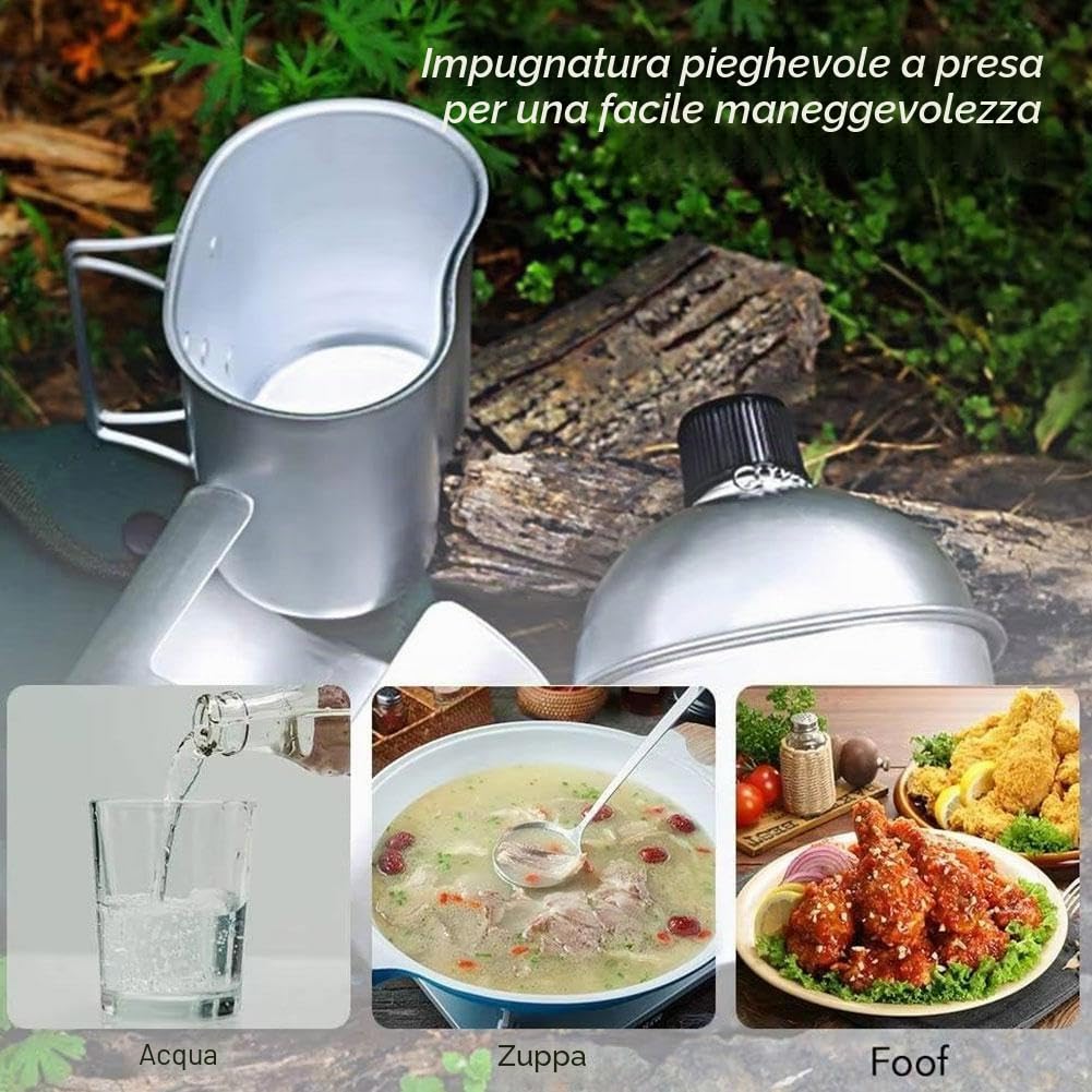 Set di 4 mense militari in stile militare, fatto a mano, include mensa, tazza, fornello e sacchetto, borraccia in alluminio con custodia, mensa da cucina per campeggio, escursionismo, zaino in spalla