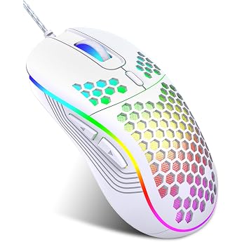 JYCSTE Wired Gaming Mouse RGB Backlight and 7200 Adjustable DPI Ergonomic and Lightweight USB Computer Mouse with High Precision Sensor for Windows PC & Laptop Gamers White