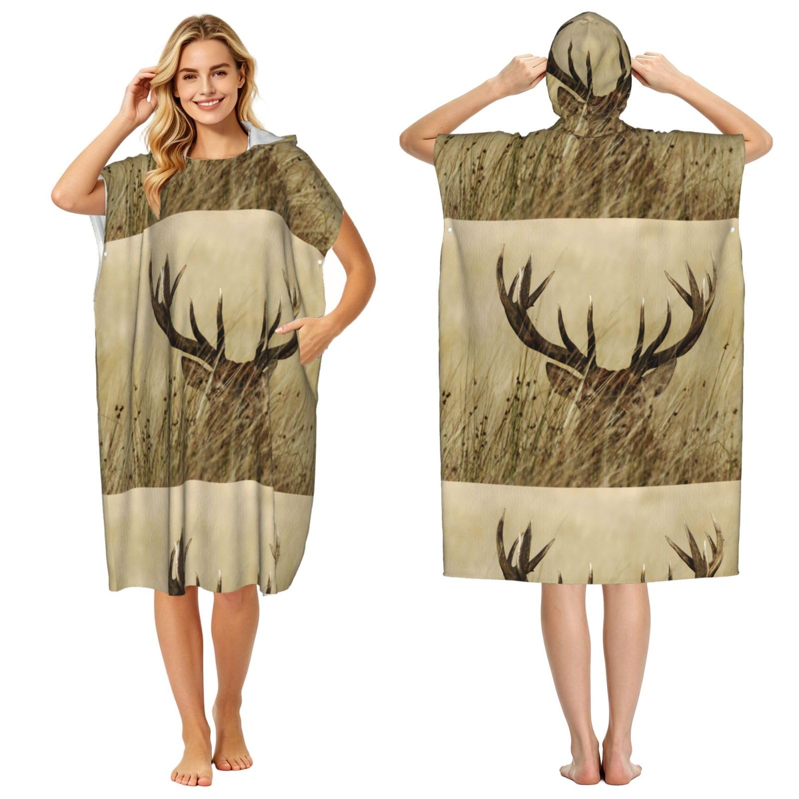 Poadnly Whitetail Deer Fawn In Wilderness Stag, Adult Hooded Beach Towel 90 x 110 cm,Changing Bath Robe, Surf Poncho Towel For Women Men