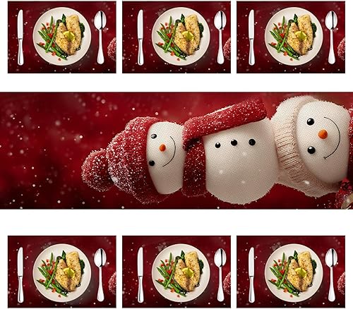 Miniatura 171 de Juego de manteles individuales y camino de mesa de muñeco de nieve y árbol de Navidad, 7 piezas (1 camino de mesa + 6 manteles individuales), diseño