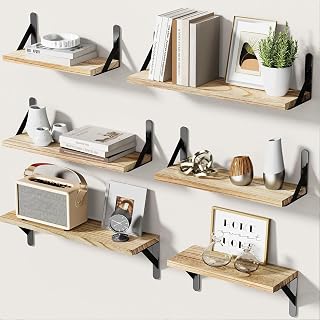 AMADA HOMEFURNISHING 6pc Rustic Farmhouse Floating Wall Shelves - Paulownia Wood Set for Bedroom Bathroom Living Room Storage