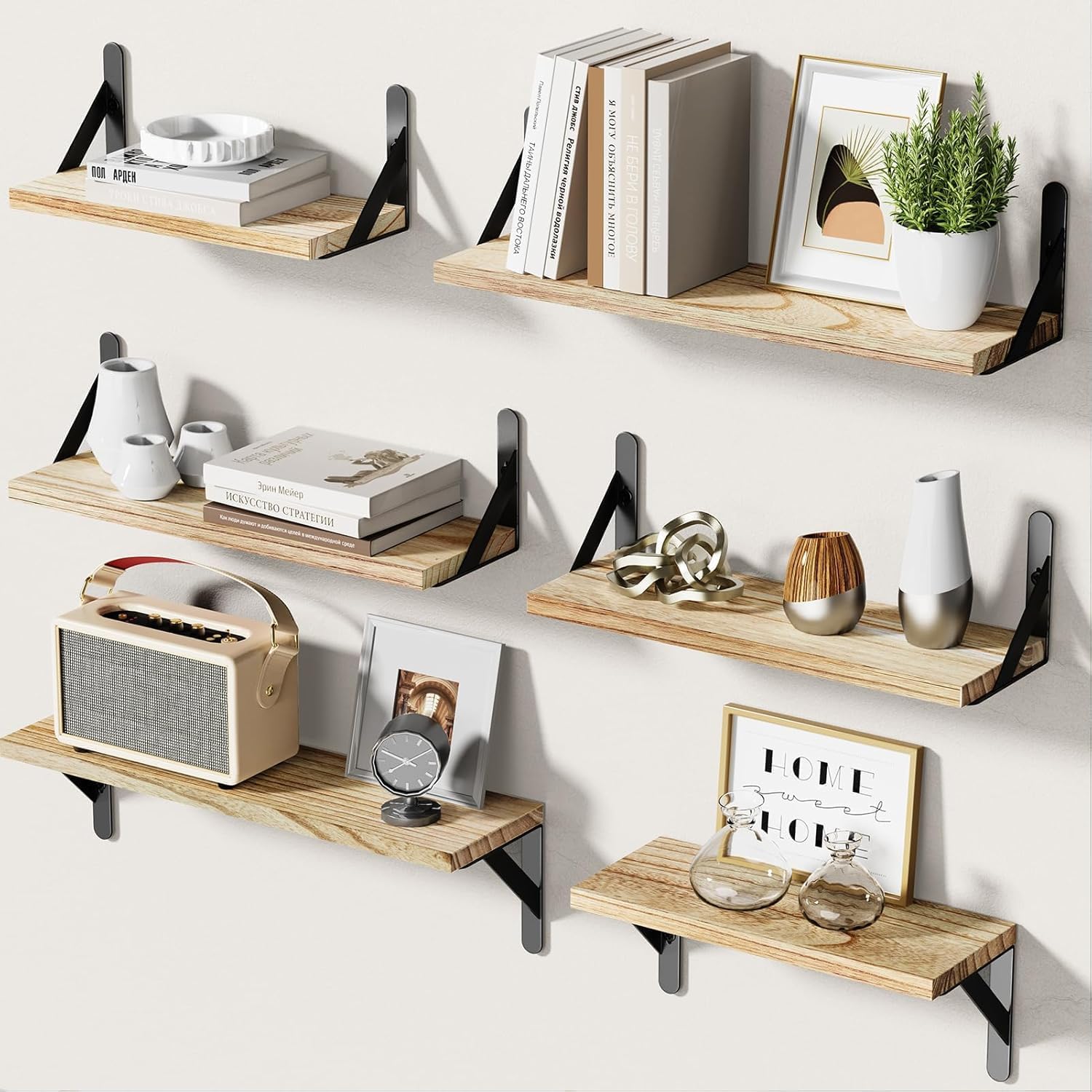 AMADA HOMEFURNISHING Wall Shelves Set of 6, Rustic Farmhouse Style, Wood Floating Shelves for Wall Decor, Bathroom & Bedroom Storage, Living Room Book Shelves, 6pcs