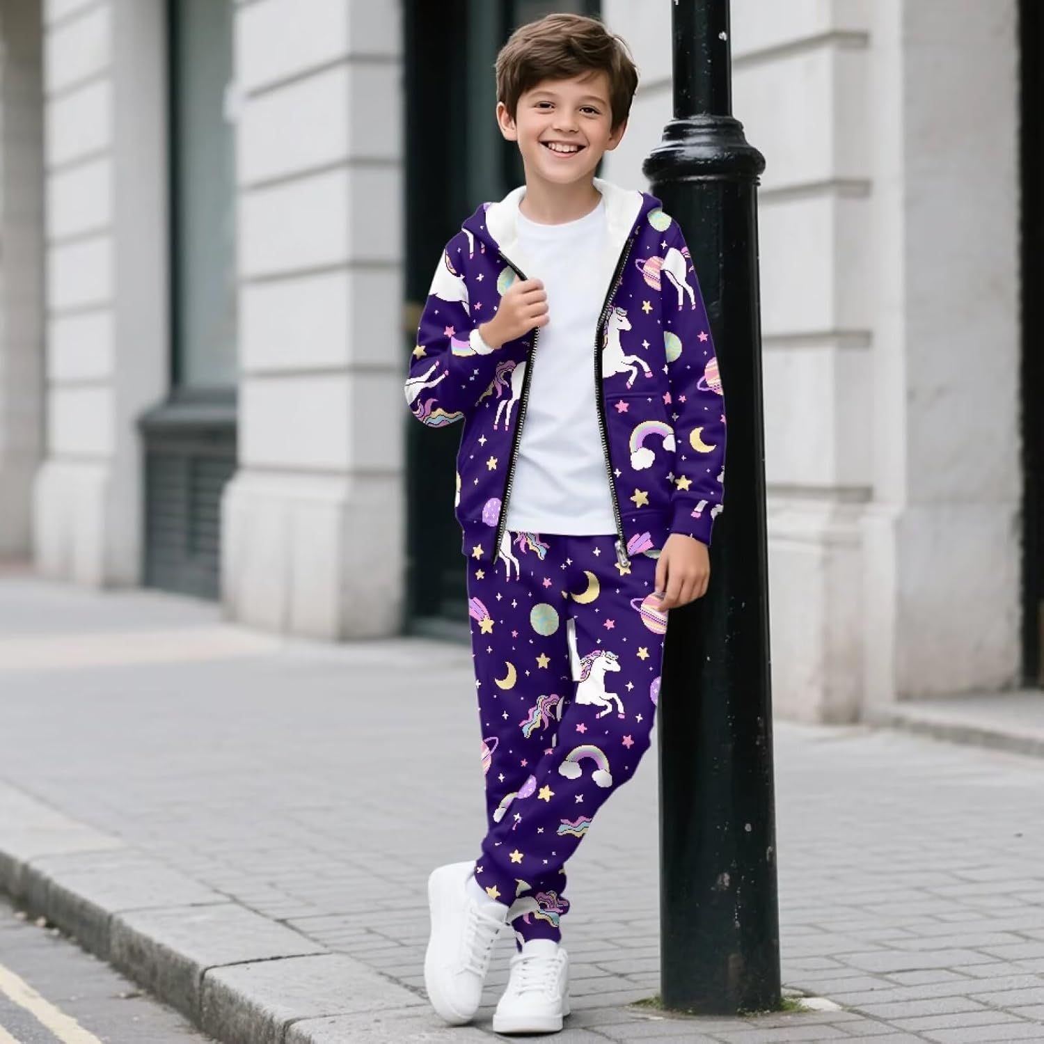 Boys Zip-Up Hooded Tracksuit Hoodie with Pocket Long Sleeve Jogger Sets for Outdoor Activity 6-15T