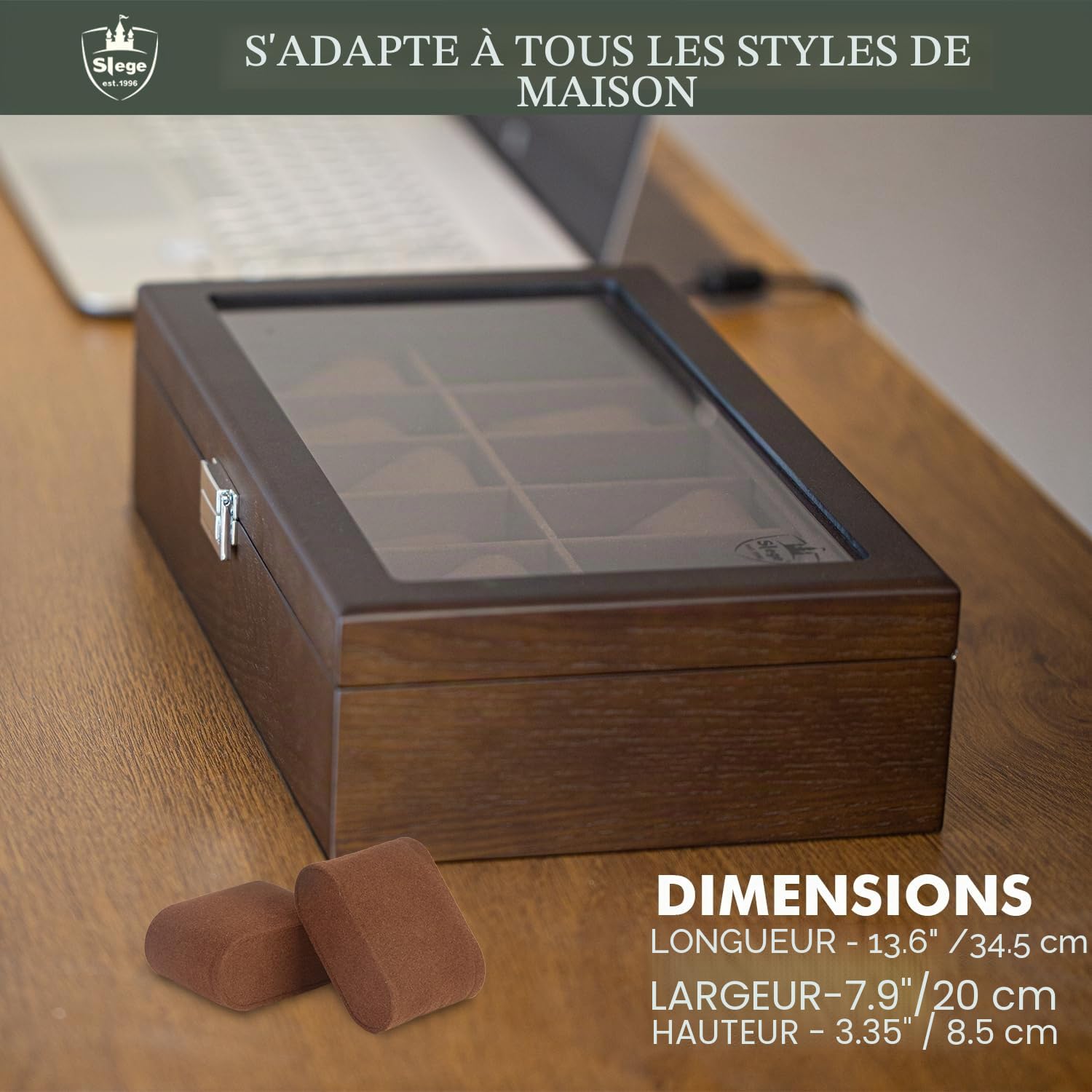 Slege Boîte à Montres en Bois,Boîte de Rangement pour 12 Montres-Cave à Montre pour Homme et Femme - Boîte à bijoux avec couvercle en verre,Support de montre,Watch Box Cadeaux(Marron)