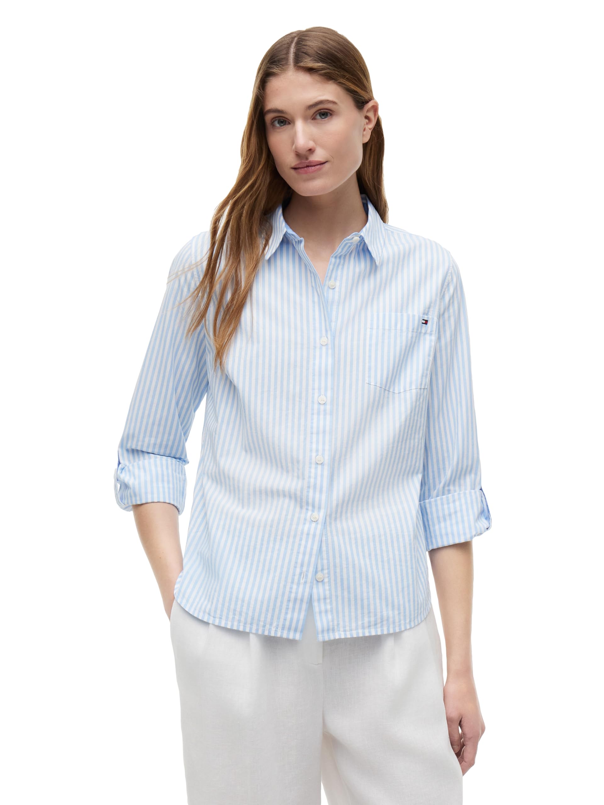 Women's Cotton Poplin Long Sleeve Button Down Shirt in Regular Fit with Roll Up Sleeve
