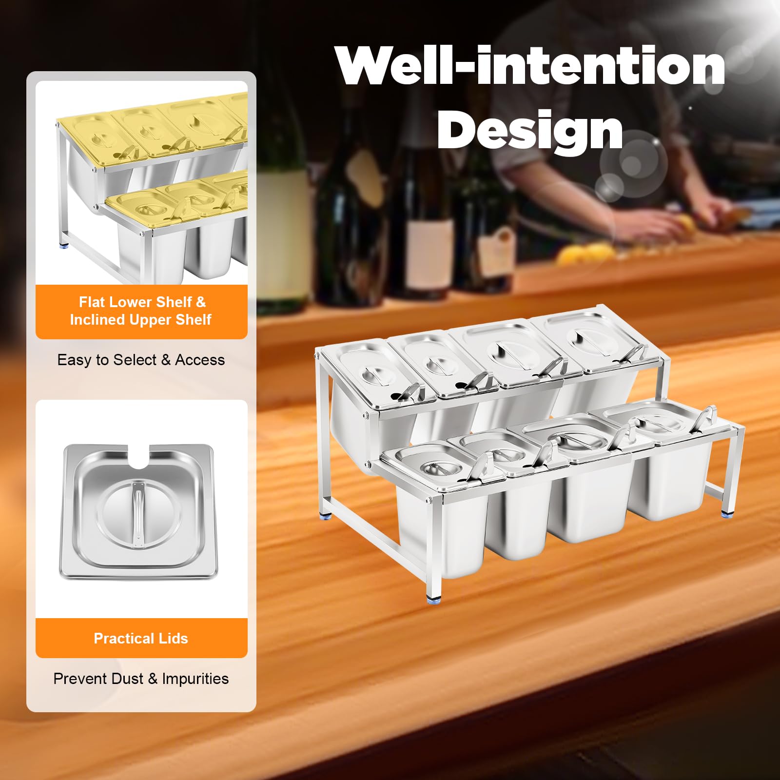 Recipiente para ingredientes para pizza de acero inoxidable | Especiero extensible ajustable con 8 compartimentos, 8 cucharas y tapas, recipiente para cocina, restaurante