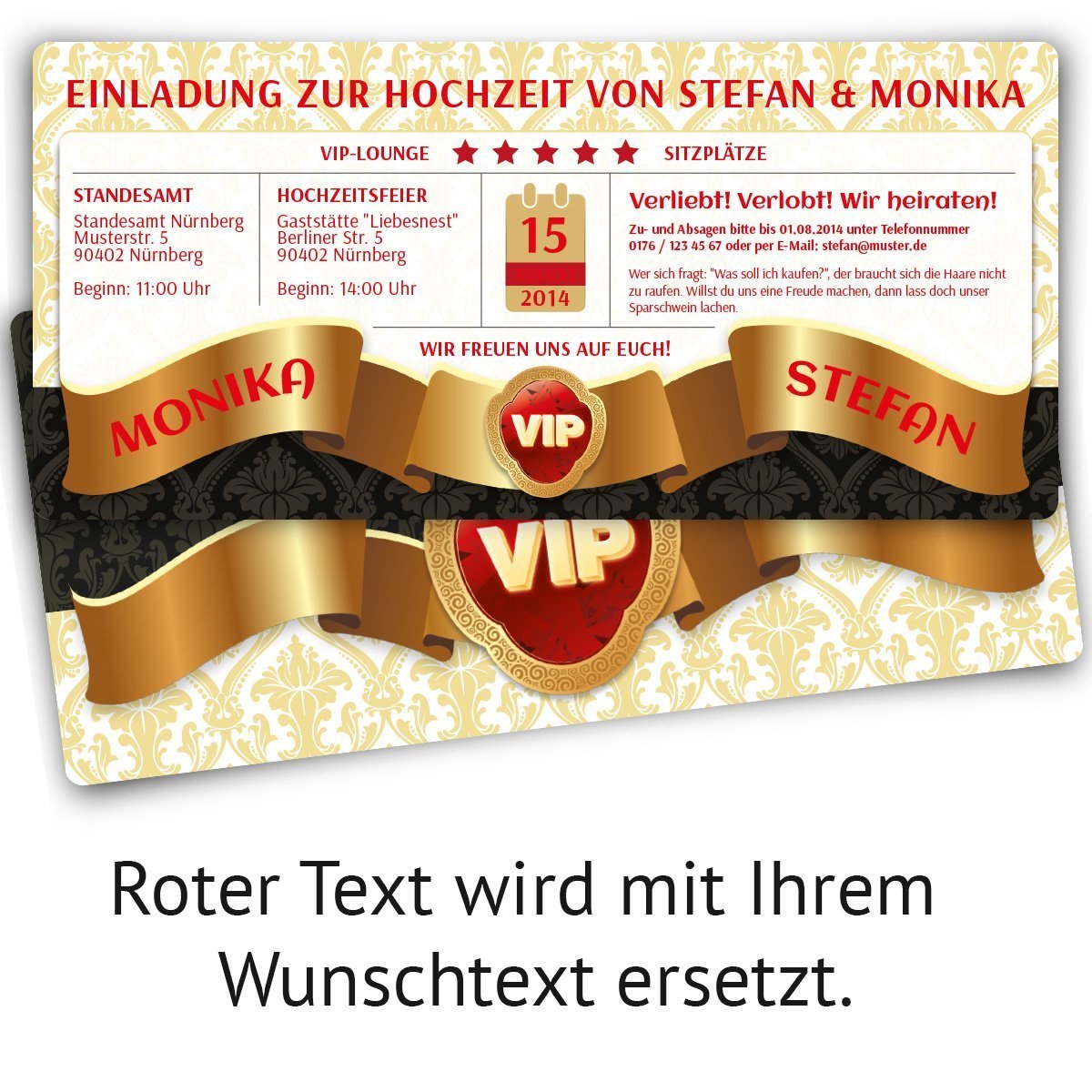 Einladungskarten zur Hochzeit (30 Stück) VIP Hochzeitskarten Ticket Einladung