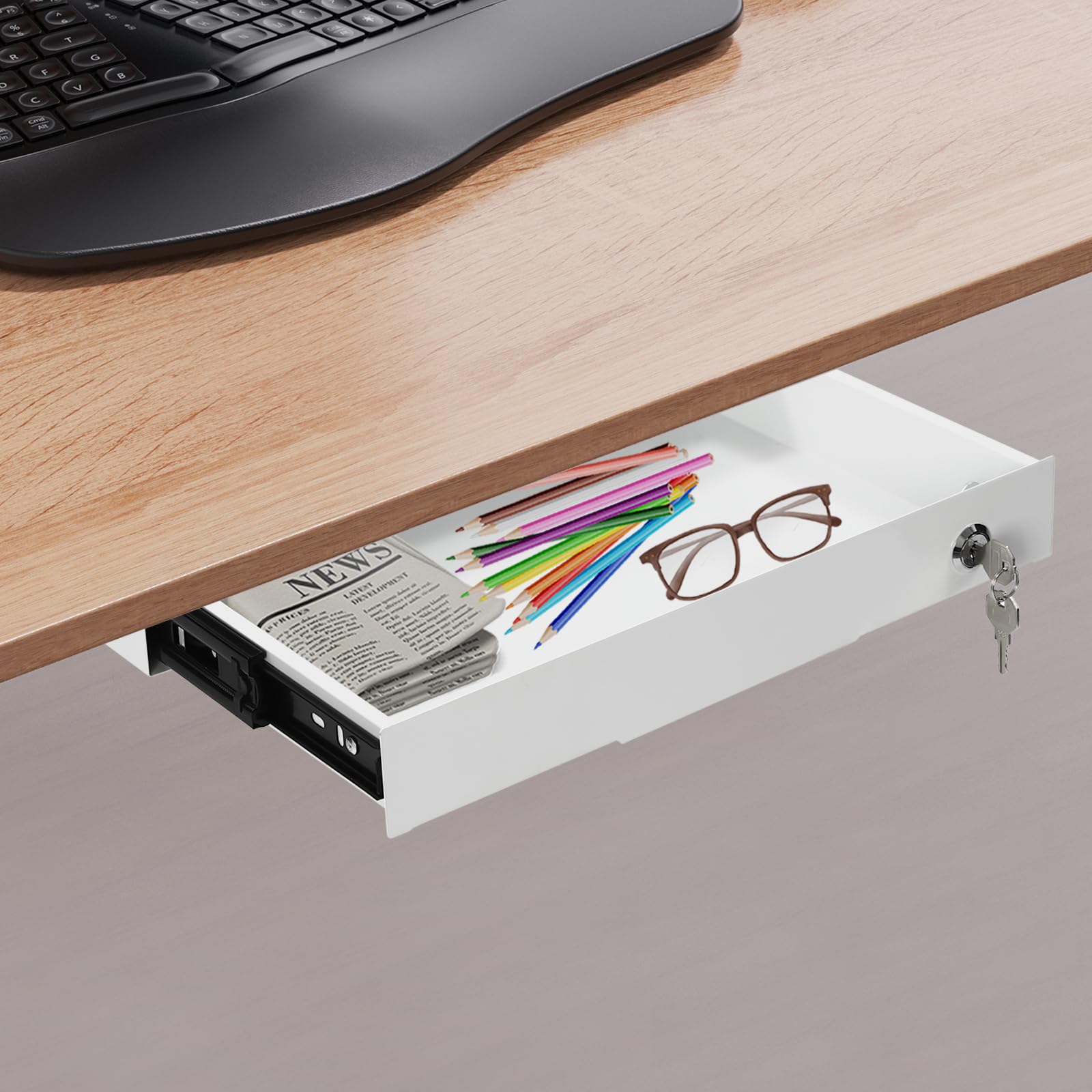 Organizador de Literatura con cajón bajo el Escritorio y Cerradura, 36,8 x 27,6 x 5 cm. Cajones extraíbles para Debajo del Escritorio. Organizador de Almacenamiento Deslizante con